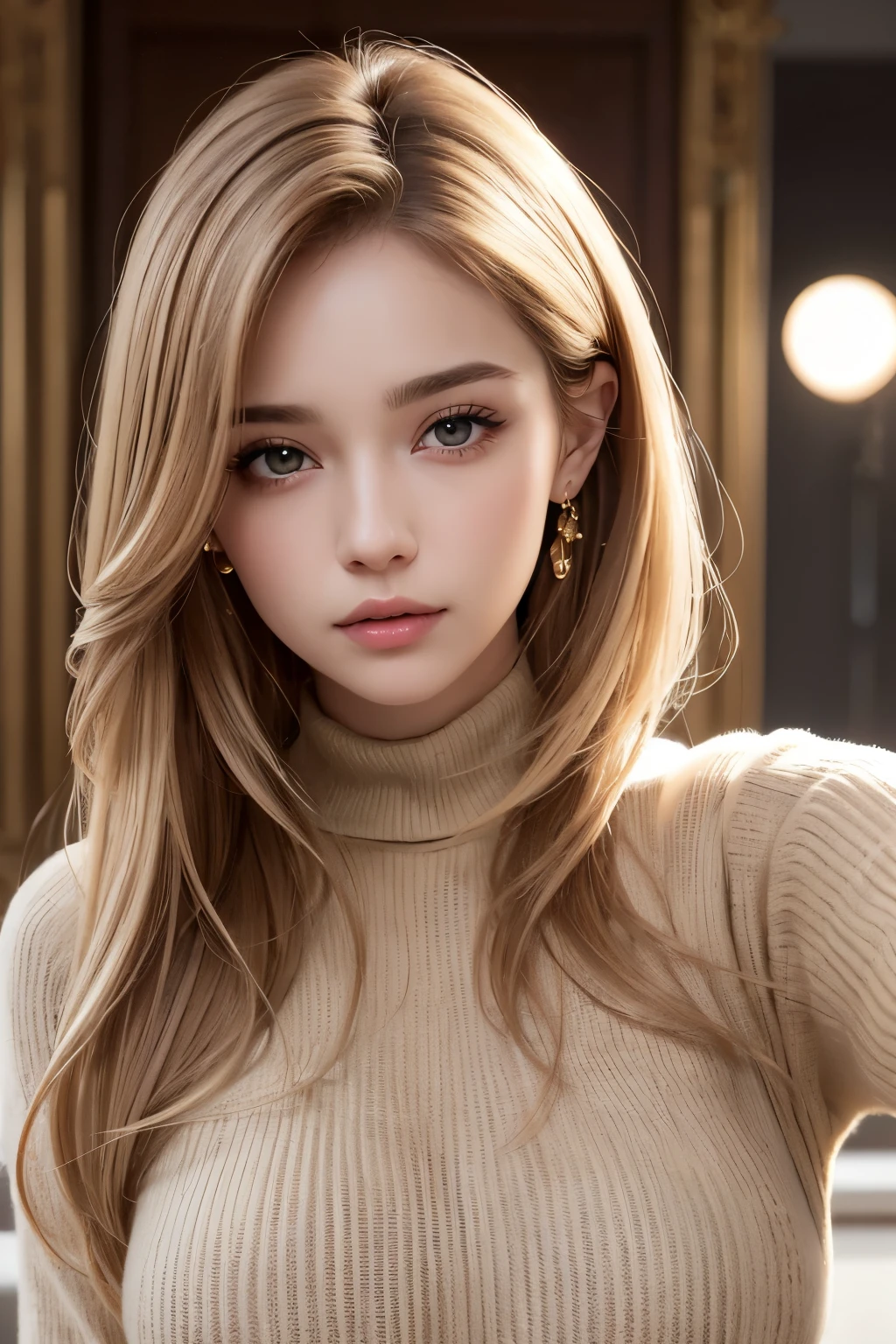 bust-up image, best quality, super fine, 16k, incredibly absurdres, extremely detailed, golden ratio, beautiful woman, beautiful realistic round face, seductive expression, beautiful light brown straight medium hair, beautiful hairstyle, beautiful realistic eyes, beautiful realistic skin, wearing beige loose sweater, background room with light bulb ultra warm white color