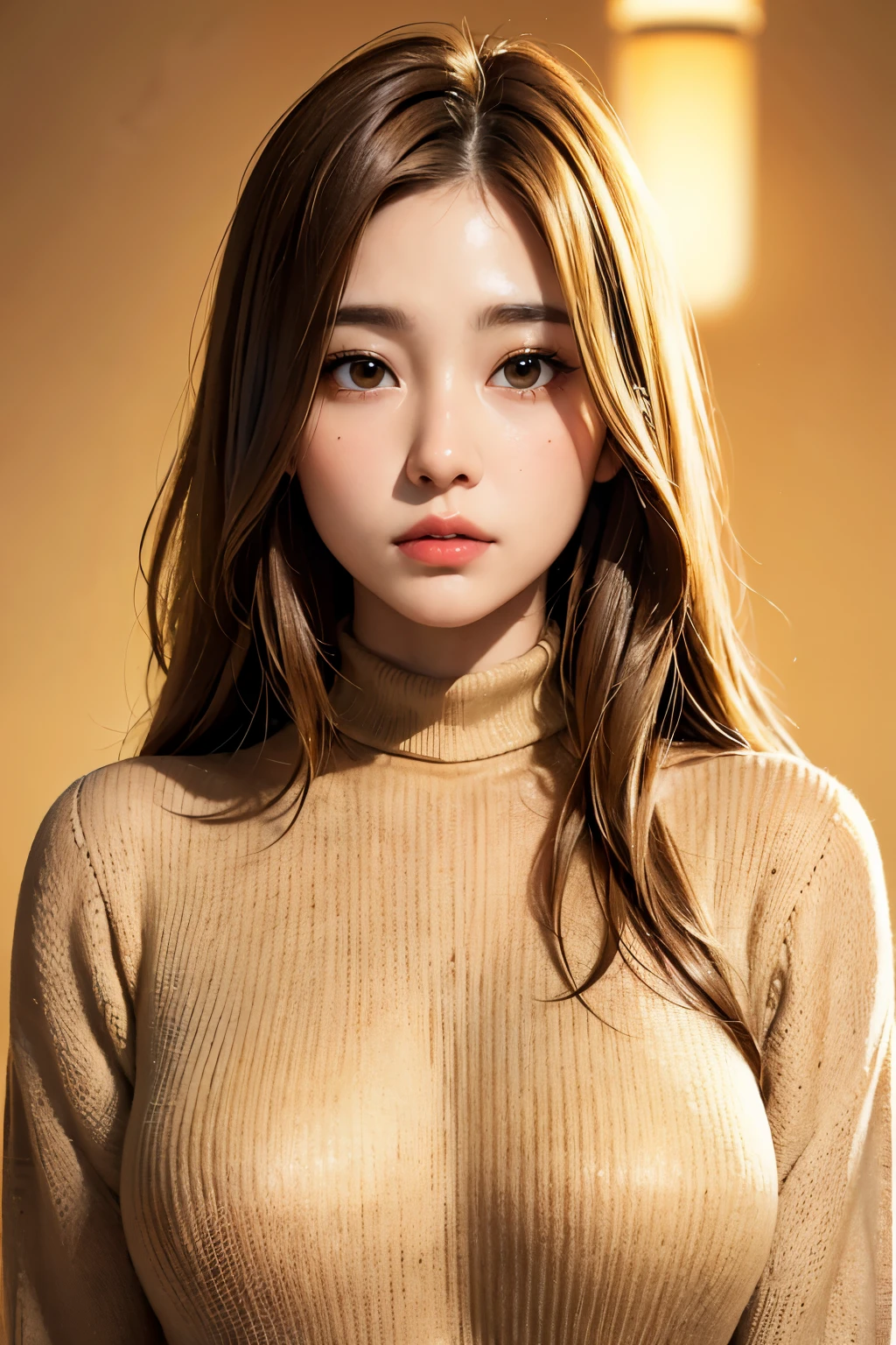 bust-up image, best quality, super fine, 16k, incredibly absurdres, extremely detailed, golden ratio, beautiful woman, beautiful realistic round face, seductive expression, beautiful light brown straight medium hair, beautiful hairstyle, beautiful realistic eyes, beautiful realistic skin, wearing beige loose sweater, background room with light bulb ultra warm white color