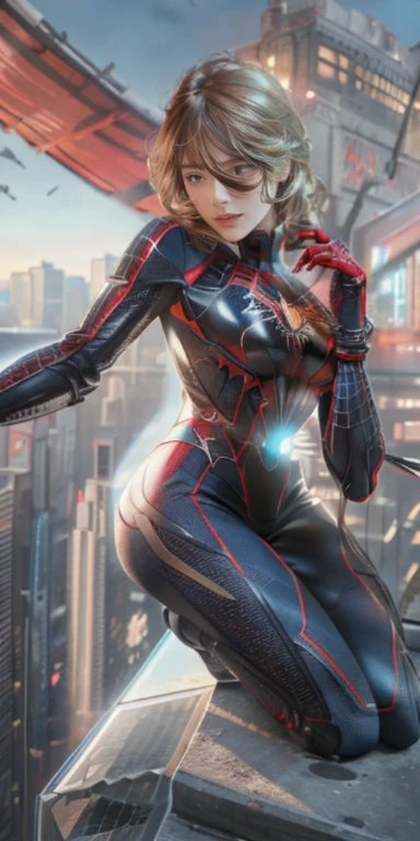 (1girl:1.3), solo, ((very detailed face)))), ((very detailed eyes and face))), beautiful detail eyes, body parts__, official art, unified 8k wallpaper, super detailed, beautiful and beautiful, beautiful, masterpiece, best quality, original, masterpiece, super fine photo, best quality, super high resolution, realistic realism, sunlight, full body portrait, amazing beauty, dynamic pose, delicate face, big breast, vibrant eyes, (from the front), she is wearing a Spider-Man suit, red and black color scheme, spider, very detailed city roof background, rooftop, overlooking the city, detailed face, detailed complex busy background, messy, gorgeous, milky white, highly detailed skin, realistic skin details, visible pores, clear focus, volumetric fog, 8k uhd, DSLR, high quality, film grain, fair skin, photo realism, lomography, futuristic dystopian giant metropolis, translucent