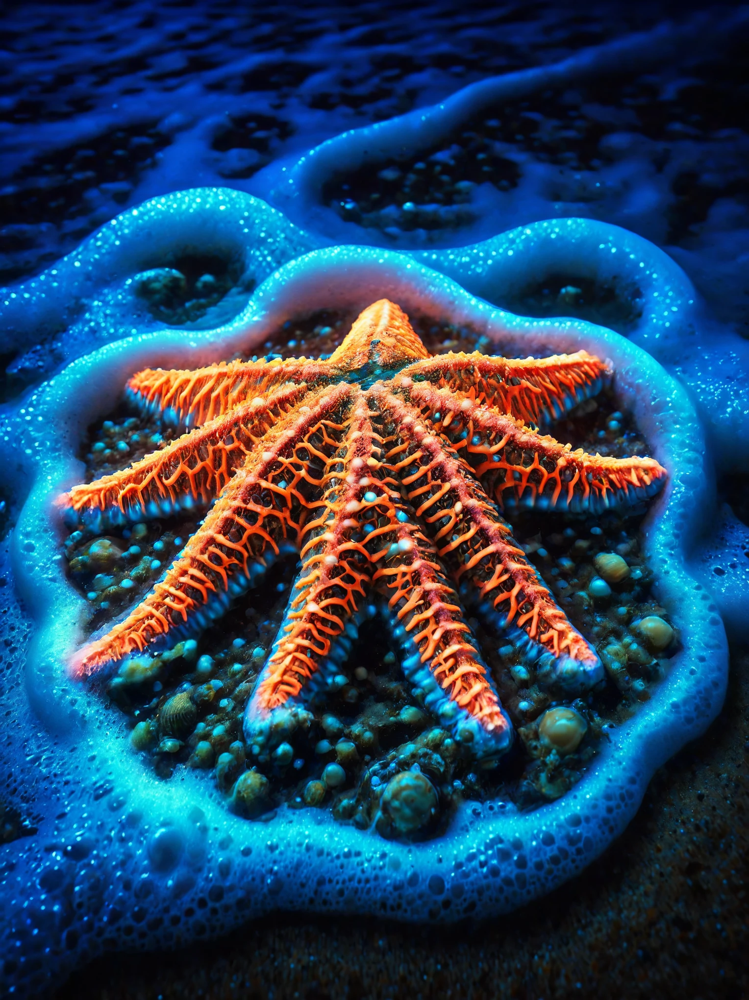 s3f, A vibrant underwater scene featuring starfish and oysters among coral reefs, with a small moon in the backdrop, casting a soft lunar glow through the water's surface, creating a surreal oceanic nightscape，,imaginative, HDR, shot with a Fujifilm GFX 100 for ultra-high resolution and fantastical ambiance, Blue grit