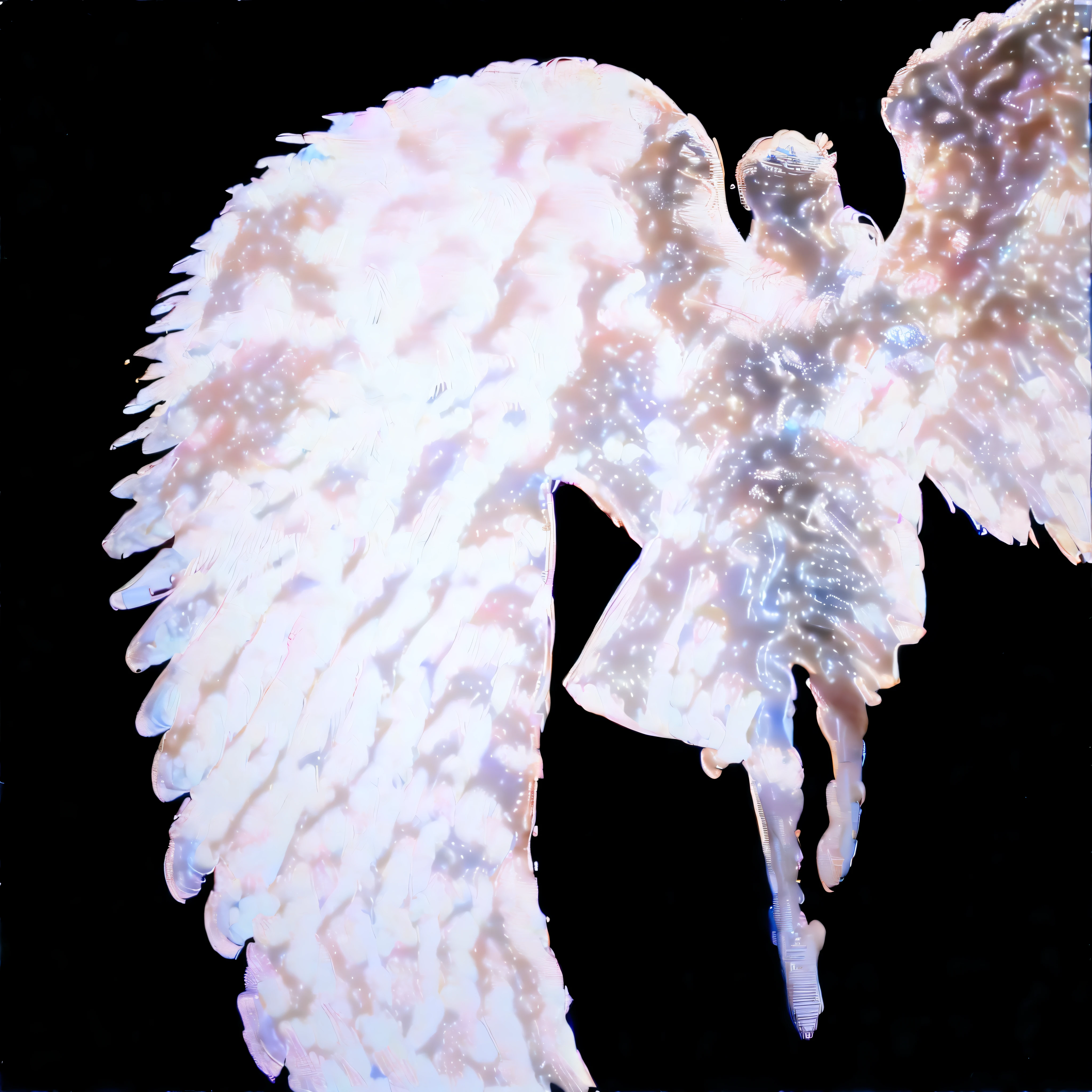 white angel in air, giant cloud wings, unreal beauty women, made of clouds, cloud ripple effect, ripple effect, color bleeding effect, glitch effect, ripple glitch, neon light, neon glitch, color glitch, lines, lines glitch, light vfx, retrowave, low poly style, retro vaporwave, vaporbabe polywave, waves glitch