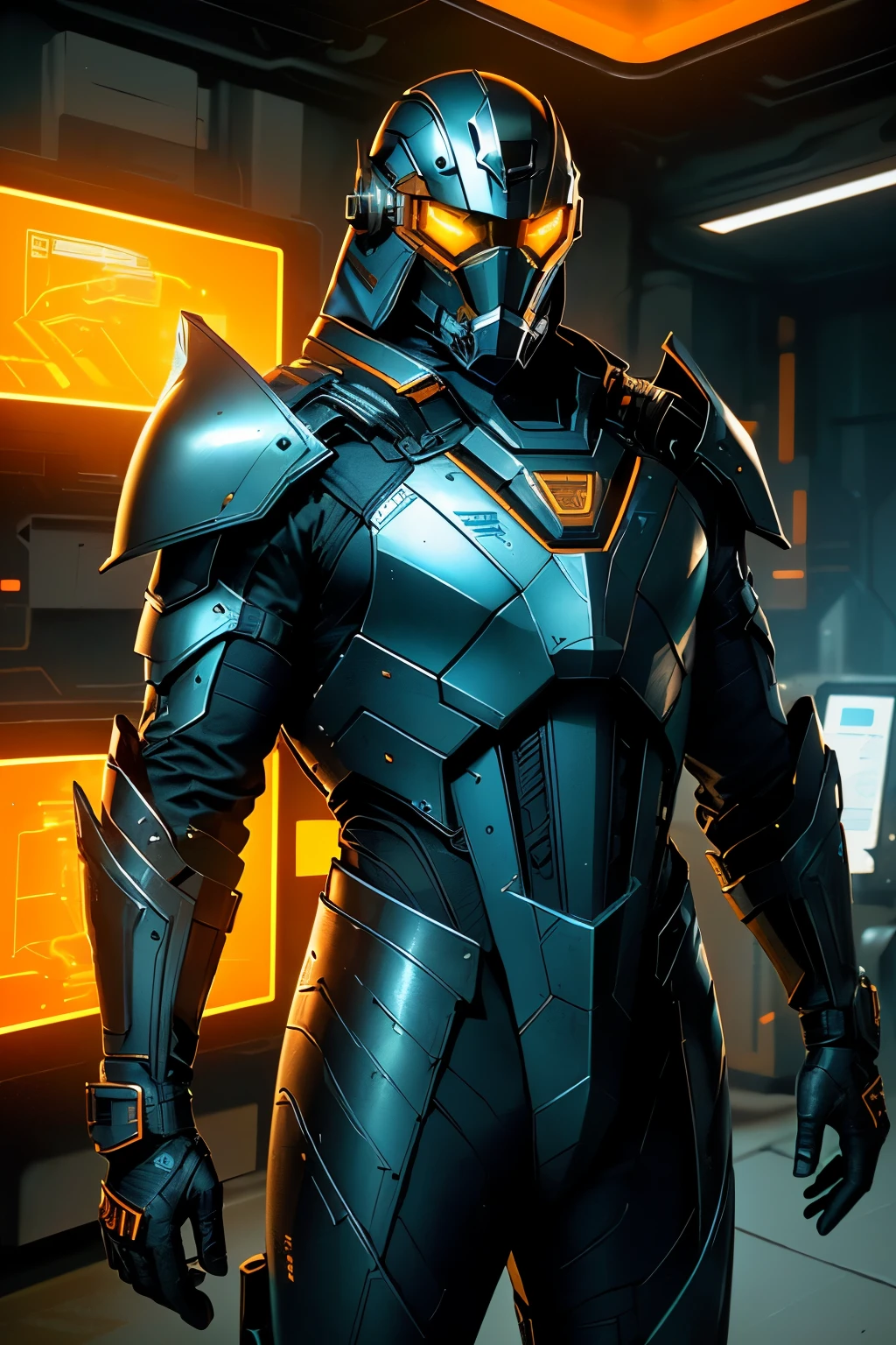 (Analog Style – Retro, vintage, grainy textures, aged film effect, analogue filters, low contrast, warm tone, orange and black palette, rectangular frames, radiating nostalgia), (Anubis Suit – High-tech, sleek, metallic armor, shiny silver and black surface, intricately designed symbolic patterns, advanced technology integrated, holographic displays, cinematic lighting illuminating the suit's features, sci-fi aesthetic, dramatic reflections on the helmet), (Octane Render – Ultra-realistic, high-definition, hyper-detailed, complex materials and textures, physically accurate lighting and shading, precise reflections,