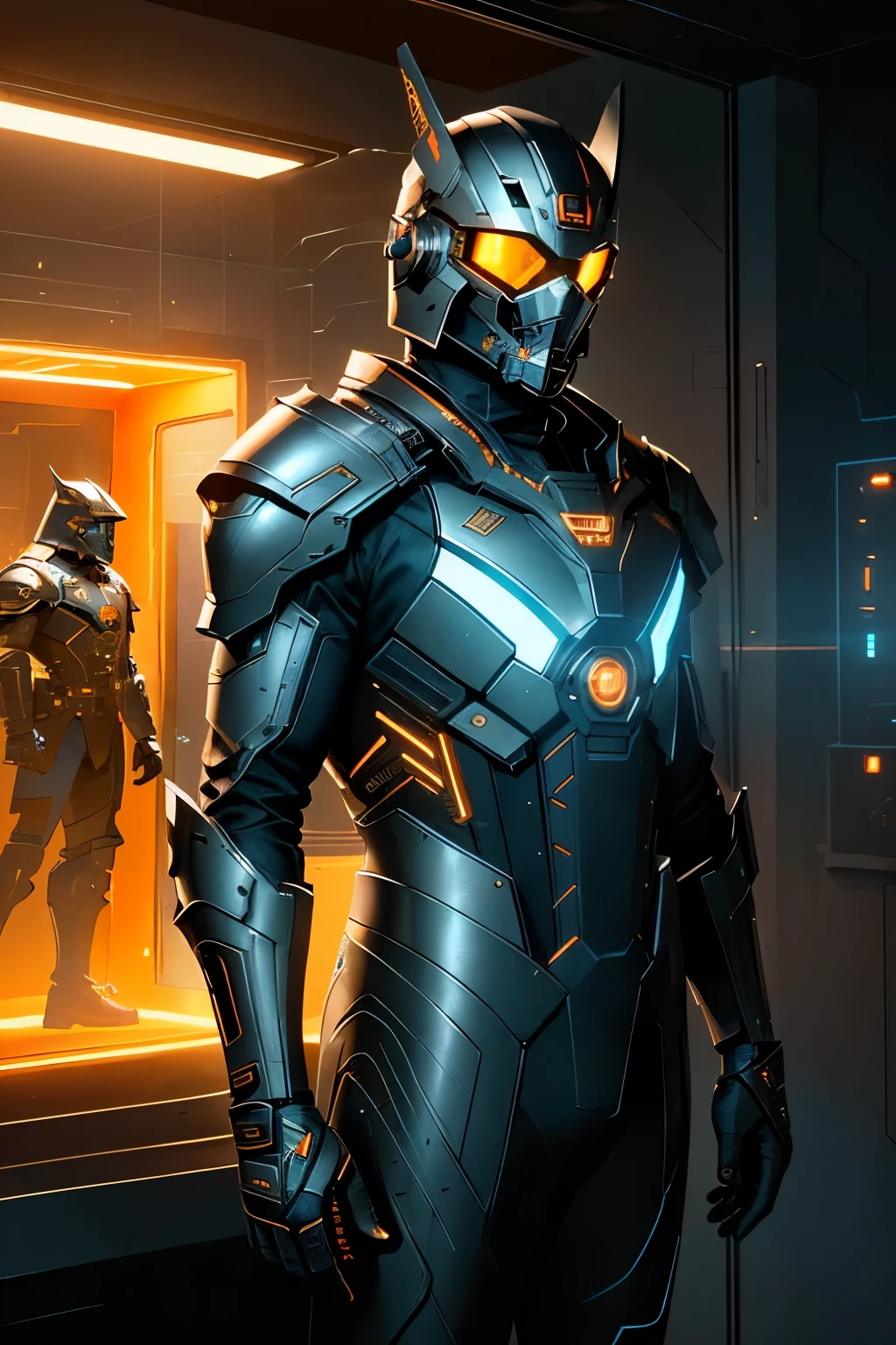 (Analog Style – Retro, vintage, grainy textures, aged film effect, analogue filters, low contrast, warm tone, orange and black palette, rectangular frames, radiating nostalgia), (Anubis Suit – High-tech, sleek, metallic armor, shiny silver and black surface, intricately designed symbolic patterns, advanced technology integrated, holographic displays, cinematic lighting illuminating the suit's features, sci-fi aesthetic, dramatic reflections on the helmet), (Octane Render – Ultra-realistic, high-definition, hyper-detailed, complex materials and textures, physically accurate lighting and shading, precise reflections,