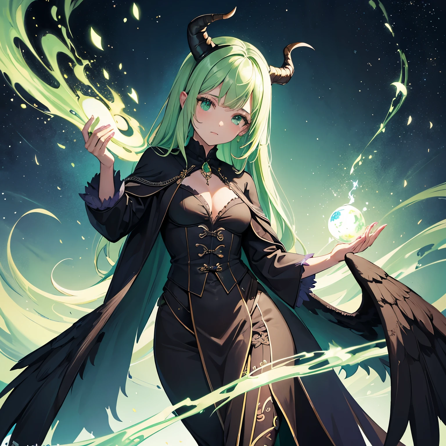 ((mejor calidad)), ((Obra maestra)), (detallado), cara perfecta, mujer anime, con alas grandes y negras, con alas negras y grandes, con cuernos negros en la cabeza, en la cabeza cuernos negros, tirando magia de color verde con las manos, tirando magia con las manos, la magia es color verde, con bata larga y negra puesta, Maleficent, ojos verdes brillantes, verdes ojos, enojada, volando con sus alas grandes y negras volando, cabello negro, magia verde, alas grandes grandes grandes 