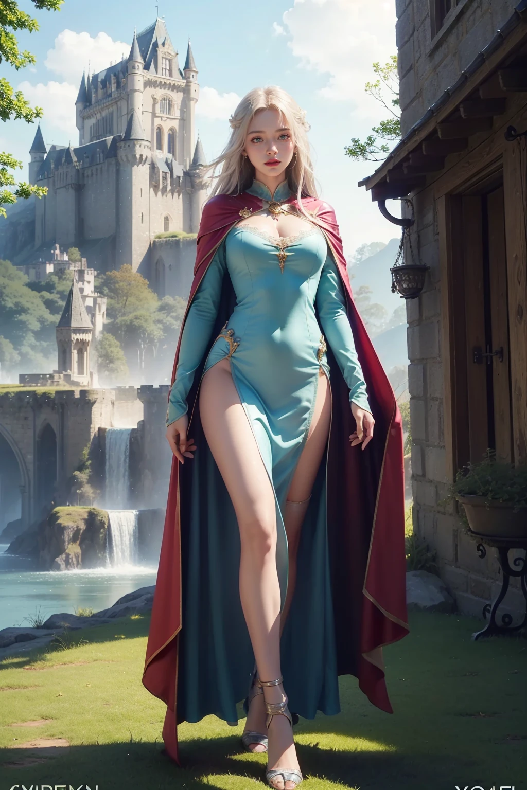 ((Show full body from head to toe, Standing perfectly, standing pose, Body facing to the viewer (Show front body, show center body)). Balance focused camera view, Centered camera view, middle camera view, vertical scape camera. Masterpiece, illustration:1.1, best quality, fine detail, perfect detail, smooth detail, sharp color, 8K, Ultra HD, Ultra-clear portrait, big resolution, perfect lighting, bright lighting, top quality, sharp focus. Fantasy, medieval, magic, wizard. A Beautiful woman wearing wizard clothes, robes, cape, cloaks, lace stockings, show heels. Big breast:1.6, tall body, fit body, Leg length, slender body, pale toned skin, very bright skin, glowing skin, glowing face, bright face, wearing makeup, lipstick, blush. Long hair. Smirking, her eyes looking to the camera. The background is outside a castle. clear sky, sunlight, daylight. Standing (Full Body View).