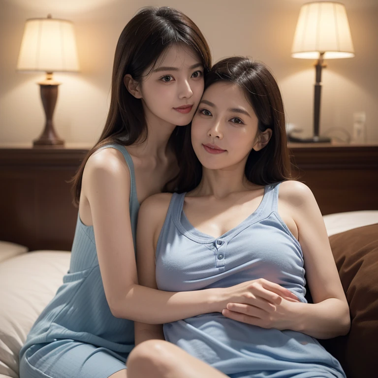 ((masterpiece, highest quality, High resolution, Photoreal, RAW photo, 8k wallpaper, perfection)), professional lighting, very detailed, Depth of written boundary、 (1 30 year old Asian handsome man in blue pajamas) with {1 40 year old Japanese mature woman:1.2)、perfectly proportioned, intimate, Lovers, close to each other, (A perfect composition where the woman fits beautifully in the frame:1.2)、(accurate anatomy:1.1)、(soft and plump body), women sexy, detailed face, beautiful eyes, bangs, soft and plump breasts, (Classy and elegant plain white sleeveless tops:1.1)、(Elegant and lady like navy plain tight skirt:1.2)、long hair, plump and beautiful lips, ((look at the audience, smile))、upper body photo、perfect anatomy, perfect background, perfect face, perfect body, detailed face, (Moody luxury hotel bedroom:1.1)、Romantic warm lighting at night、