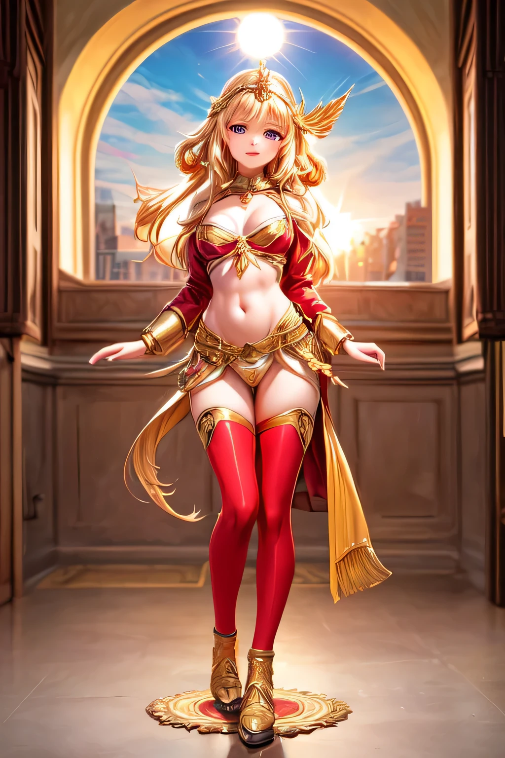((mejor calidad)), ((Obra maestra)), (detallado),(( cara perfecta)) ((mejor calidad)), ((Obra maestra)), (detallado), cara perfecta. young girl , , ((goddes of The sun)), red clothes, full body