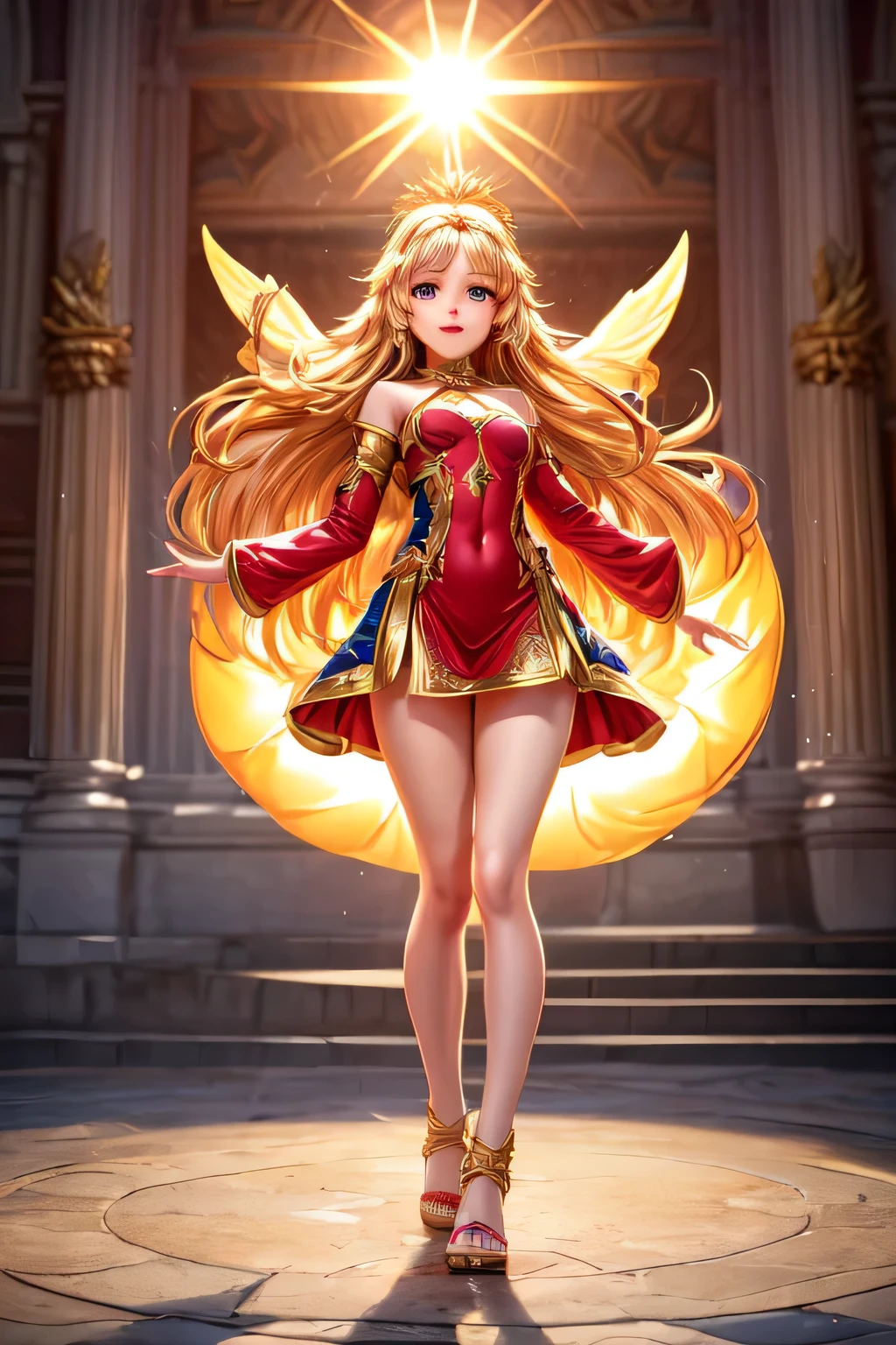 ((mejor calidad)), ((Obra maestra)), (detallado),(( cara perfecta)) ((mejor calidad)), ((Obra maestra)), (detallado), cara perfecta. young girl 14 years, , ((goddes of The sun)), red clothes, full body 