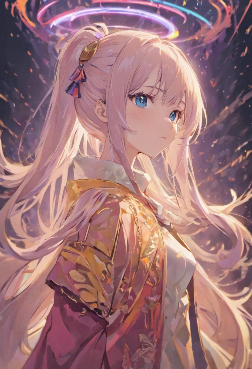 (masterpiece,best quality), , facing front, , {middle view}, , {long hair}, (ponytail),, {upper body}, , {white hair}, , {fantasy},, {mature woman}, , {28 years old} ,, {anime woman}, , {bright blue eyes},, {smile},, , {ribbons in hair}