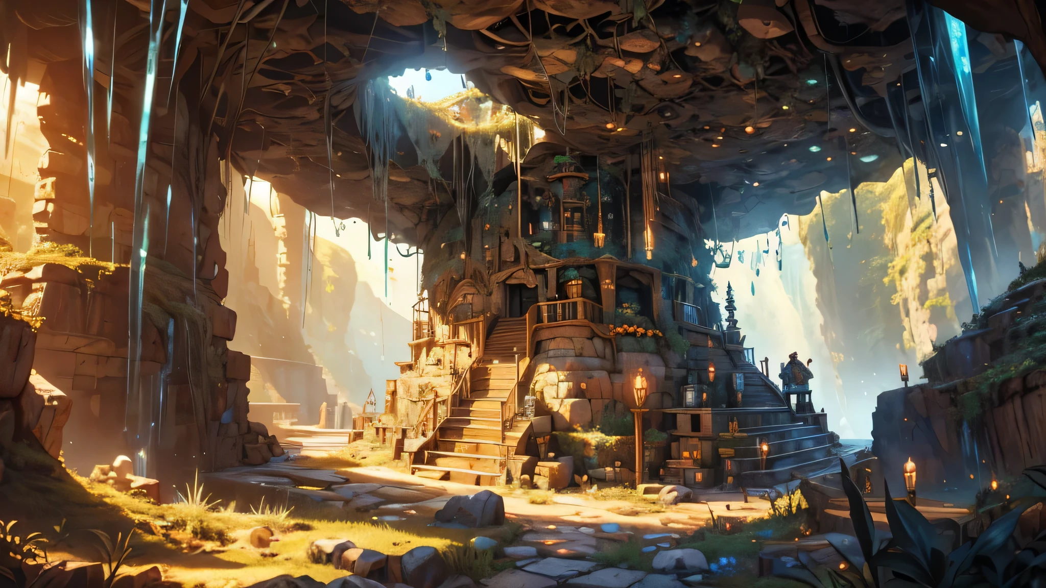 (highres:1.2),detailed scene,underground mining,beautifully lit caves,mineral-rich tunnels,detailed rock formations and crystals,glimmering gemstones,dwarves in mining gear,mining carts filled with minerals,lush underground vegetation,mysterious atmosphere,traditional dwarven architecture,majestic mining machinery,extremely detailed tools,sweat glistening on dwarves' foreheads,natural sunlight filtering through cracks in the cave ceiling,mineral dust floating in the air,vivid colors,impressive mining operation,harmonious blending of nature and industry,artistic perspective on the dwarves' activity,rich textures and materials,with elements of fantasy and adventure,masterpiece:1.2.