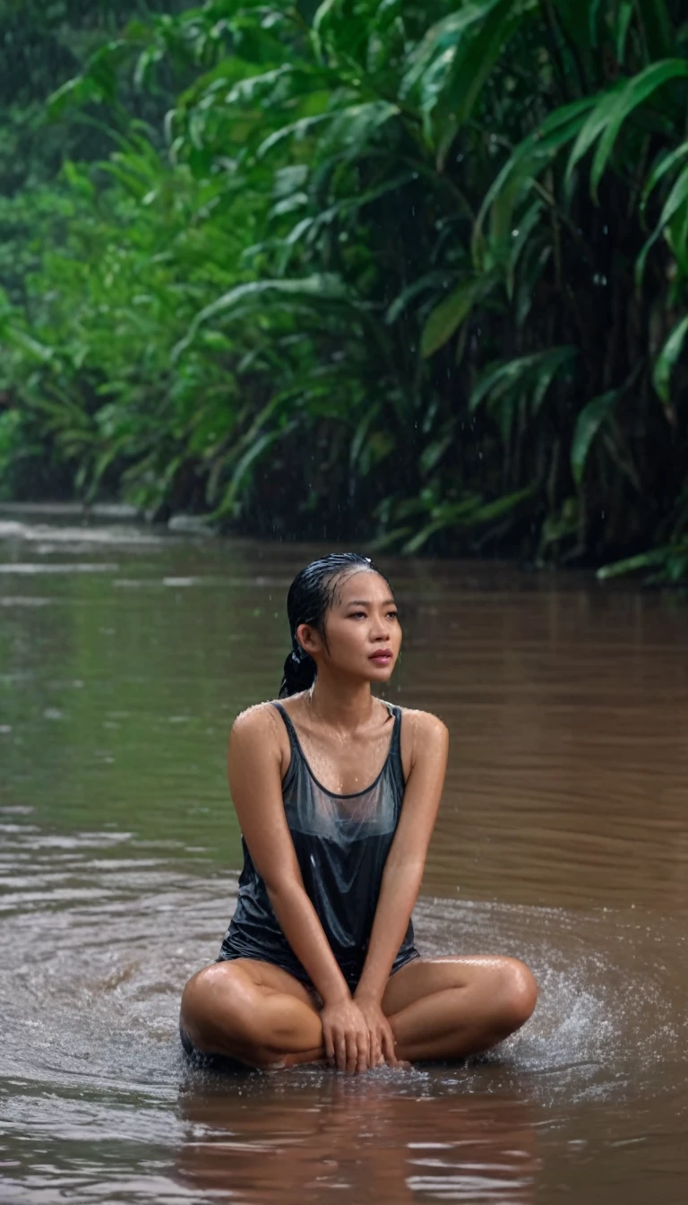 an Indonesian woman, wearing a soaking wet tank top, is sitting by the riverphotograph, to shot, with shot, casual/professional photo, 4k, 8k Ultra, Epic, detailed and complicated, smooth, FHD with clear image quality auto focus