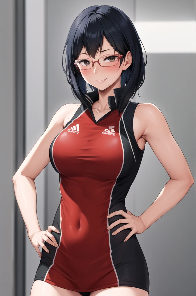 masterpiece, best quality, highres, aakiyoko, solo, short hair, black eyes, glasses, mole under mouth, volleyball uniform, standing, cowboy shot, smile, hand on hip, anime. skins, sweating, big breasts, both hands raised, armpits, armpits visible, dripping with sweat, more more sweat, sweaty armpits, 2 arm.