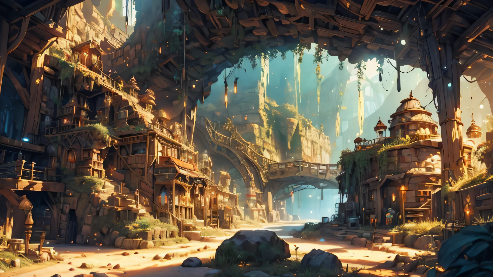(highres:1.2),detailed scene,underground mining,beautifully lit caves,mineral-rich tunnels,detailed rock formations and crystals,glimmering gemstones,dwarves in mining gear,mining carts filled with minerals,lush underground vegetation,mysterious atmosphere,traditional dwarven architecture,majestic mining machinery,extremely detailed tools,sweat glistening on dwarves' foreheads,natural sunlight filtering through cracks in the cave ceiling,mineral dust floating in the air,vivid colors,impressive mining operation,harmonious blending of nature and industry,artistic perspective on the dwarves' activity,rich textures and materials,with elements of fantasy and adventure,masterpiece:1.2.