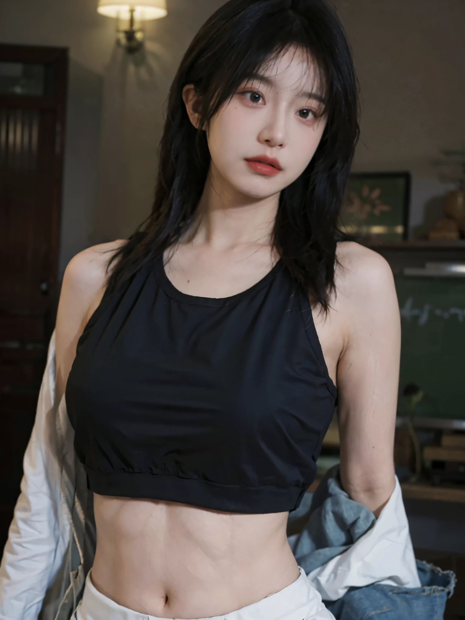 Best Quality, Masterpiece, Ultra High Resolution, (Realistic: 1.4), 1 Girl, Sexy, (Crop Top : 1.2), (Big: 1.3), (Upper Body: 1.4)