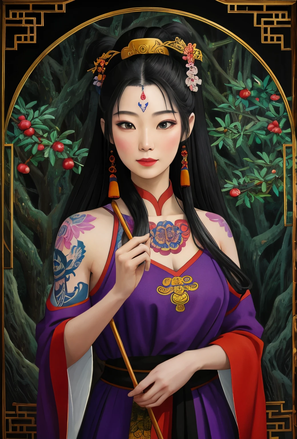 An ancient Chinese beauty, charming temperament, flowing long skirt, clear face, beautiful eyes, osmanthus surrounding, perfect body structure proportional masterpiece, super detailed, epic composition, color tattoo art, new traditional tattoo art, SD tattoo design, color tattoo art, mysterious warm and friendly atmosphere, hyper-realistic painting, super HD, high quality, highest quality, 32k --v 6