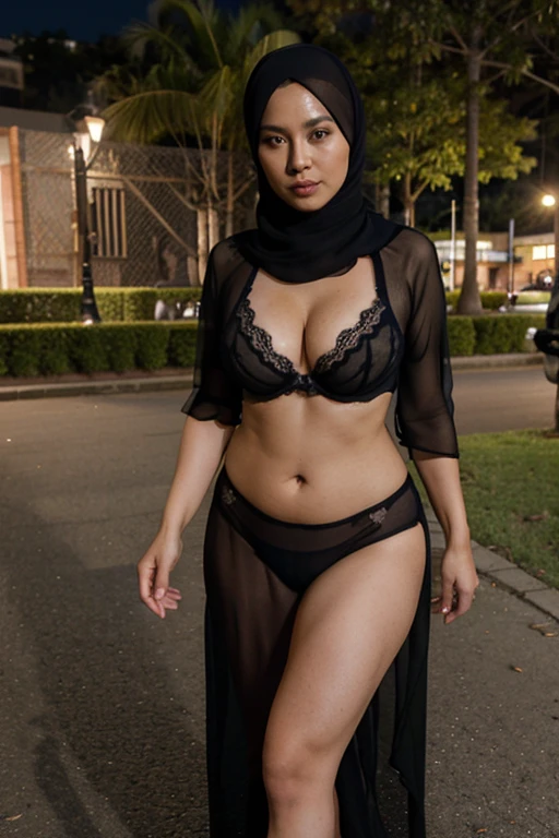 (masterpiece) (curvy body mature) 60 years Old, Hijab Indonesian mature woman, Big : 96.9, Silk Lace Bra, silk Lace Underwear, natural saggy breast, outdoor, professional photography High light, at nighttime