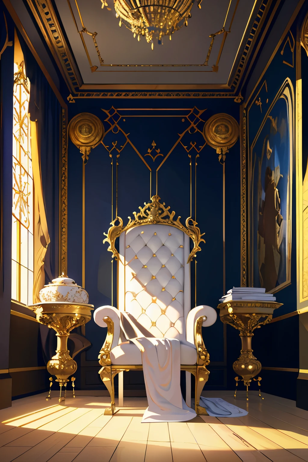 White royal chair, vacant throne, ornate and grand, intricately carved with gold accents, velvet upholstery, regal atmosphere, high resolution, realistically rendered, HDR lighting, majestic aura, clean lines, sharp focus, empty, waiting, throne room, castle, dust particles softly visible in sunlight, ultra-detailed textures, vivid colors, bokeh effect on background.