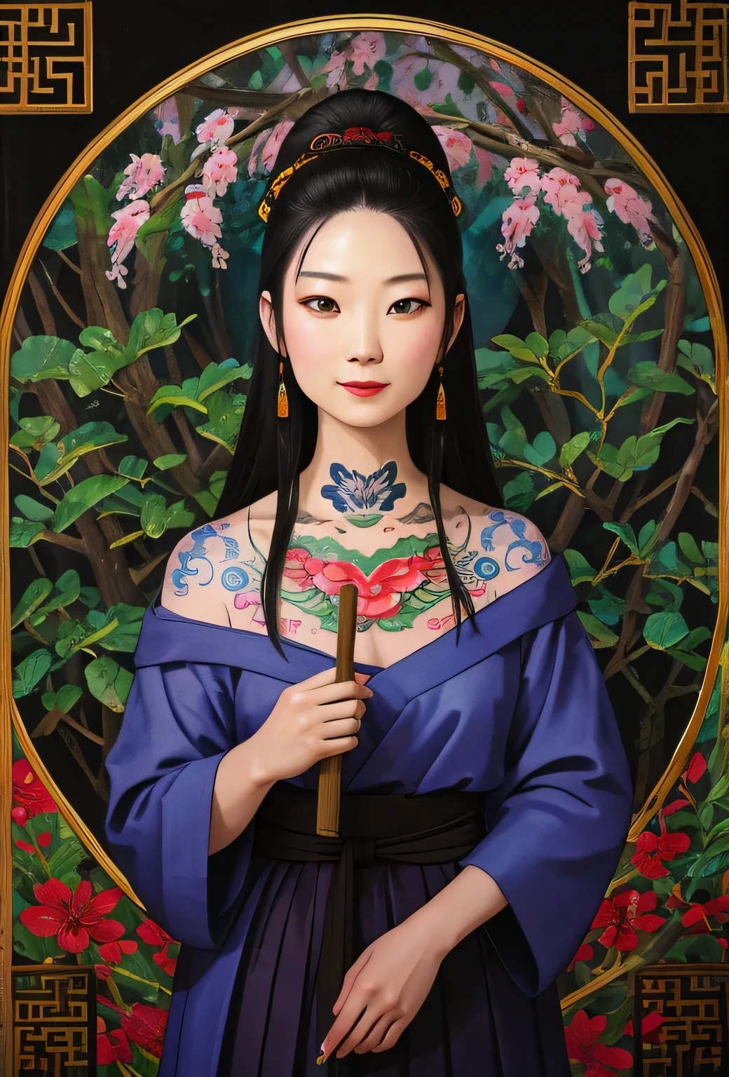 An ancient Chinese beauty, charming temperament, flowing long skirt, clear face, beautiful eyes, osmanthus surrounding, perfect body structure proportional masterpiece, super detailed, epic composition, color tattoo art, new traditional tattoo art, SD tattoo design, color tattoo art, mysterious warm and friendly atmosphere, hyper-realistic painting, super HD, high quality, highest quality, 32k --v 6