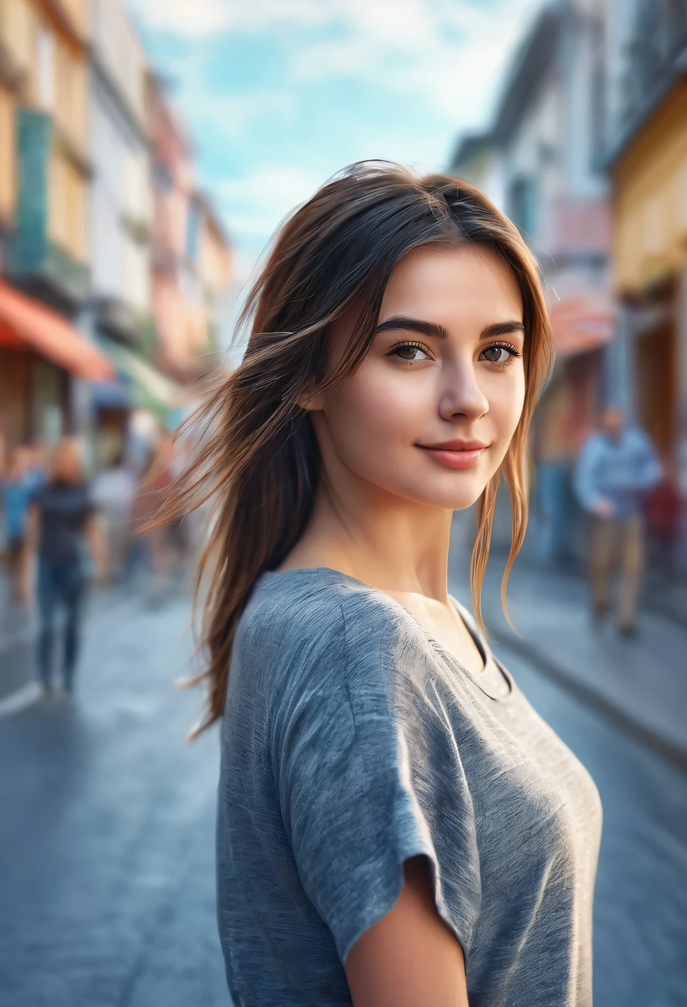 A young woman standing on the street, blur background, beatiful, photorealistic