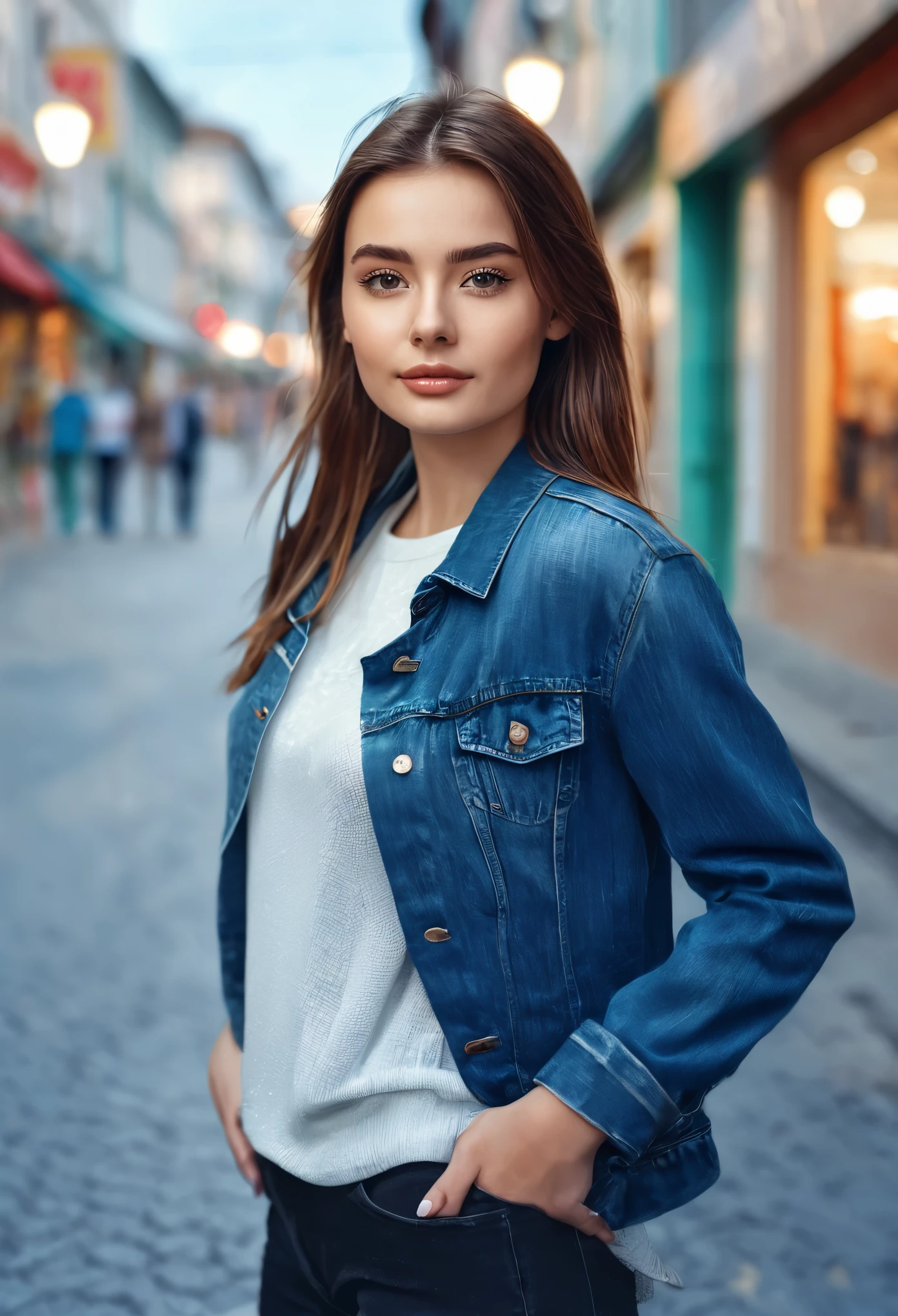 A young woman standing on the street, blur background, beatiful, photorealistic