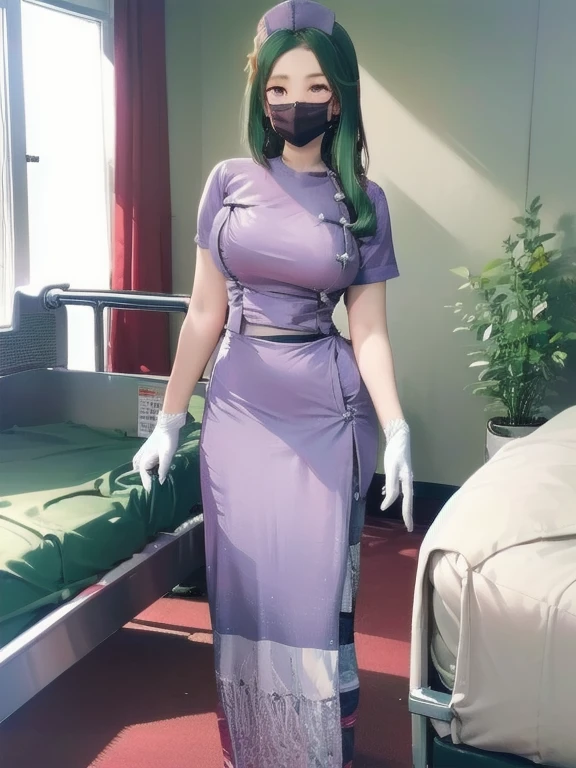 1woman, solo, nurse, nurse cap, white wear, ((red legwear, zettai ryouiki)), white gloves, forehead, long hair, green hair, pink eyes, ((white surgical mask, covered nose)), standing, ((hospital room)), sharp outline, short sleeves, mature female, 20 years old, best quality, masterpieceNurse white top coat high hips, medium breasts, impressive body, long skirt, red smile, welcoming likeness, crystal clear, highest image, intricate detail work.  