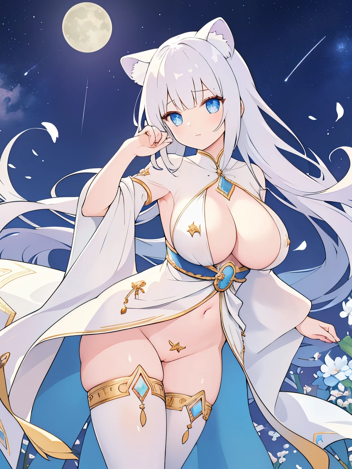 (((((A girl,Milky white hair,(Huge breasts:2),Open your mouth,Extreme 8K image quality,There was a wind blowing,Lift up the hem of the palace dress,Showing off slender thighs,A faint smile,The eyes are sapphire colored,Background starry sky,Star Trails,The face is delicate,The ultimate face,Oval face,Like a cute heroine in Japanese anime,Extremely high rendering,The moon hangs above,The girl is like a goddess under the moon,Surrounded by tassels,Possessing the glory of motherhood,Front view,Many details,There are many patterns on the palace dress,Lie on a stool,No palace costume to cover,Completely transparent palace dress,Meet the characteristics of a woman,Erect nipples,Hem disappears,No palace costumes allowed,woman,The above text is consistent with the reality logic,Nude Art,Woman's first characteristic is revealed,Completely nude,Grazing,clothes are peeling off,Bare chest,The top disappears,Sexy AV plot,Flowers all over the ground,Normal woman's hands and legs,Towards me,Disappearing pants,Conform to the sexual characteristics of a real woman,Girl's hands grab breasts,Woman's sexual organs exposed,The inner vagina appeared,Breasts appear outside the palace dress,womannipple,There is very little fabric for palace dresses.,The palace dress does not include a bellyband,No underwear,The girl spread her legs,Giant Breasts,Tide appears,Girl got creampied,Lower animal ears,White tiger ears,Animal ears,All clothes are transparent)))))