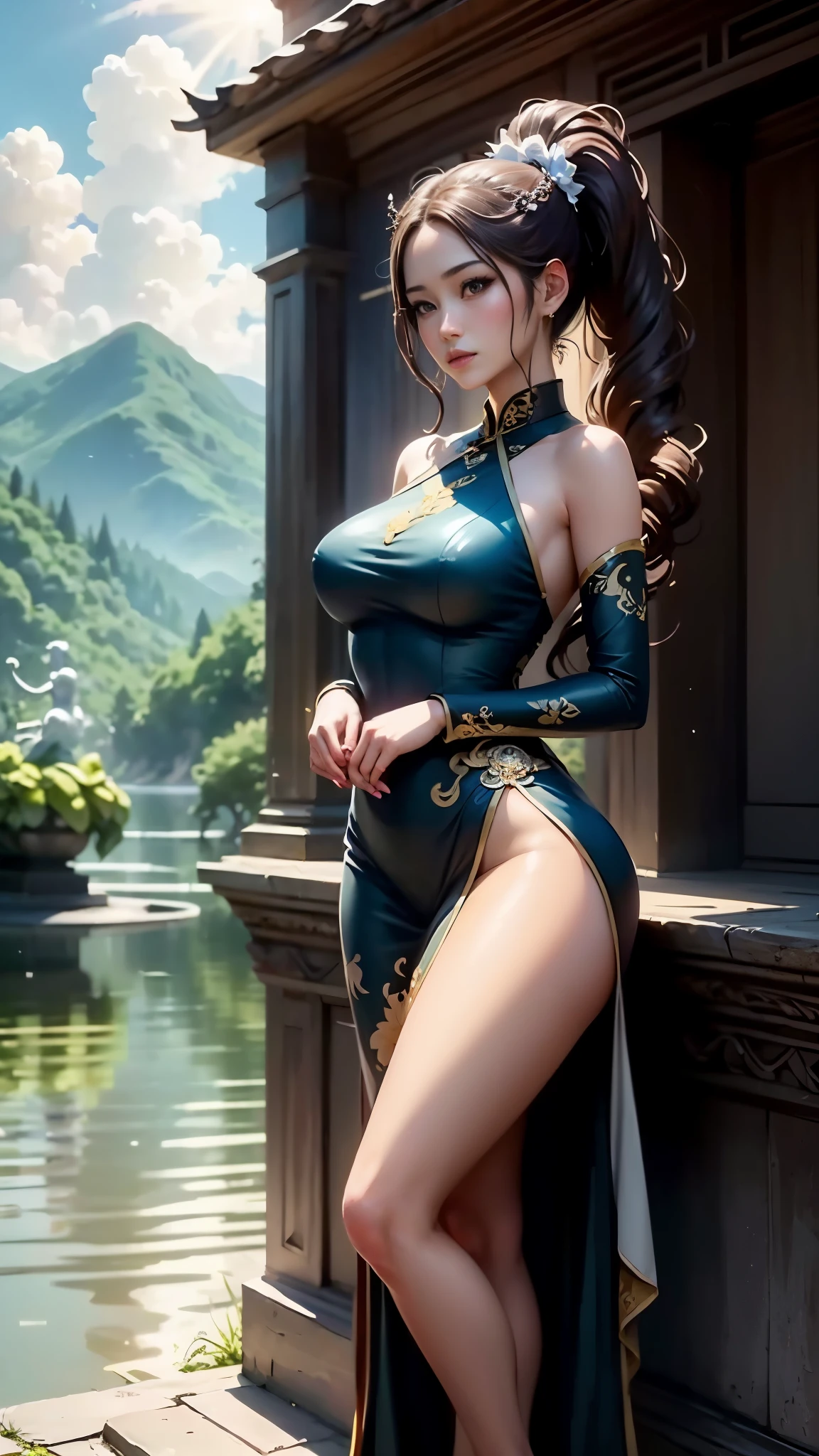 Centered composition,symmetry,((A woman stands in front of a huge statue of the goddess)),Woman with elegant figure、Graceful,With a high ponytail,Wearing white cheongsam,The statue towers into the sky,Standing tall,Very similar to the woman under my feet,Surrounded by green mountains,The woman and the statue are in the lake,The sun shines from directly above,This makes both women and statues more mysterious and majestic.,