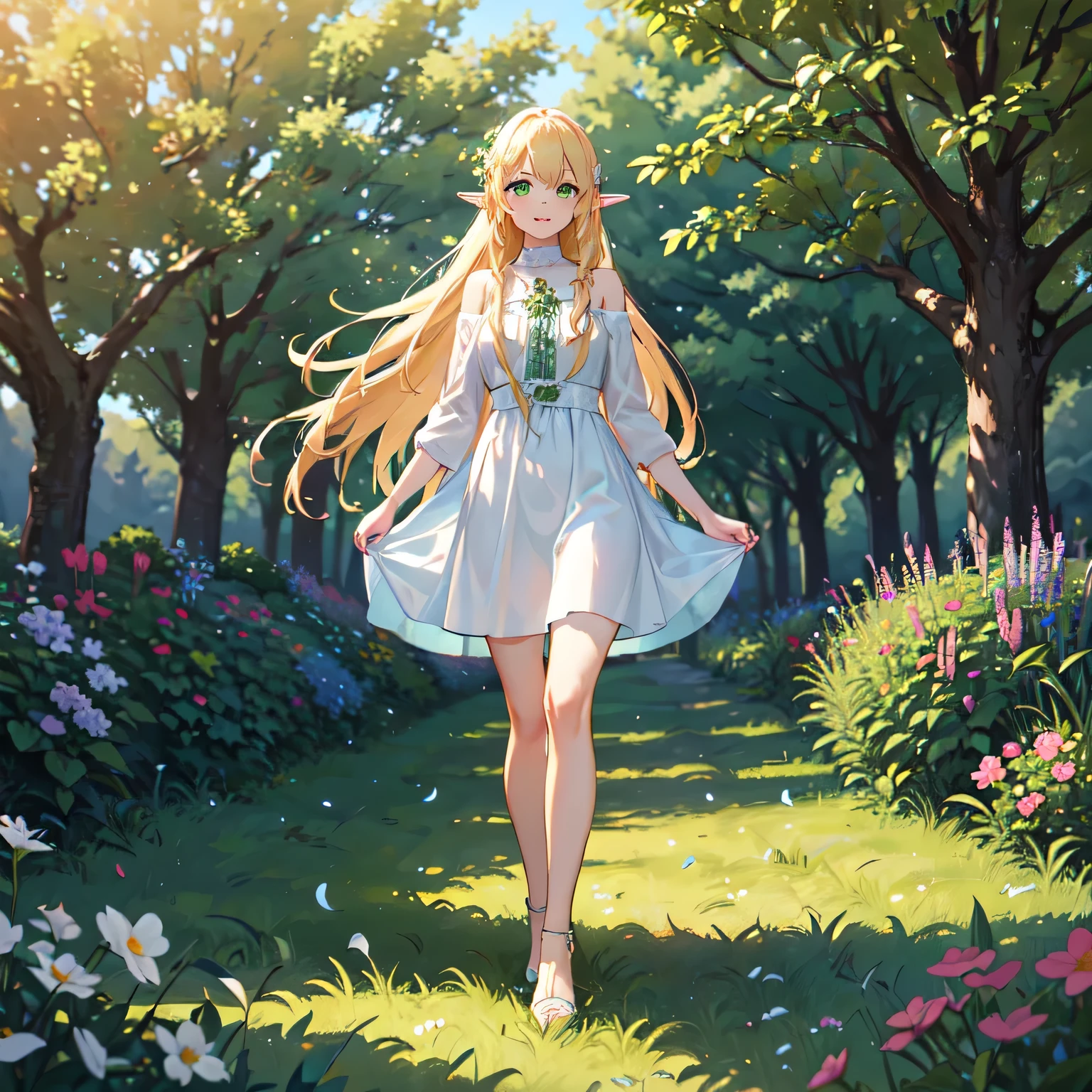 Anime girl in a blue dress walking through a garden - SeaArt AI