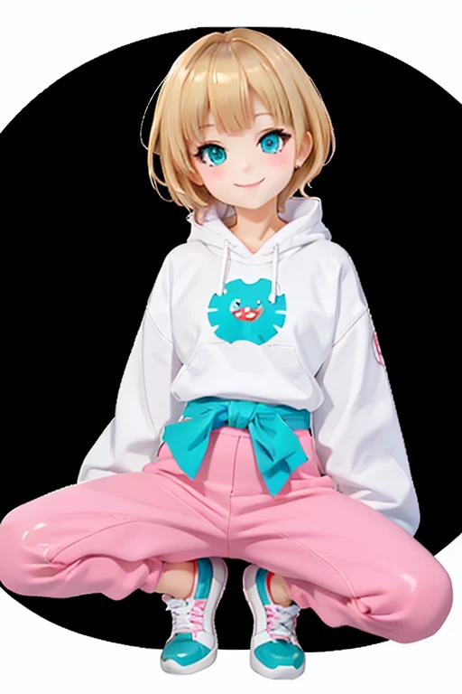 (cel_shading),
1girl,smile,medieval cityscape
BREAK masterpiece,best quality,Blonde Hair、Short Mash Hair、Small 、Turquoise Eyes、anime、Pink Pants