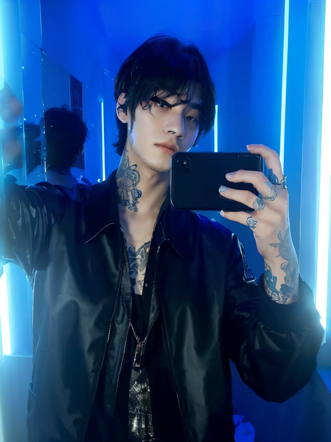 Arafed man with tattoos taking a selfie in a mirror., cai xukun, pintar ulzzang, jungkook, hyung tae, inspirado en Zhu Da, jinyoung shin, inspirado en Bian Shoumin, aesthetic jinyoung pimple, Inspirado por Zhang Han, ✨🕌🌙, foto de perfil, Jung Jaehyun, vistiendo una chaqueta de cuero cyberpunk, kanliu666, taehyung from BTS