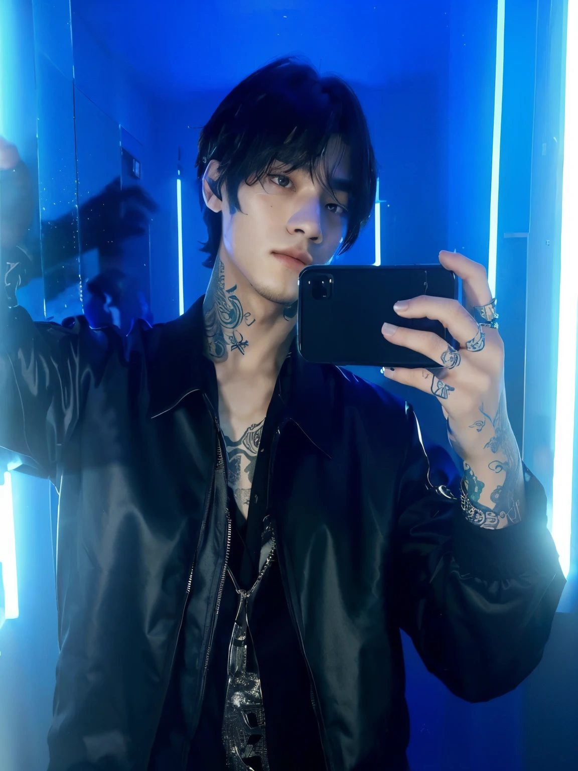 Arafed man with tattoos taking a selfie in a mirror., cai xukun, pintar ulzzang, jungkook, hyung tae, inspirado en Zhu Da, jinyoung shin, inspirado en Bian Shoumin, aesthetic jinyoung pimple, Inspirado por Zhang Han, ✨🕌🌙, foto de perfil, Jung Jaehyun, vistiendo una chaqueta de cuero cyberpunk, kanliu666, taehyung from BTS
