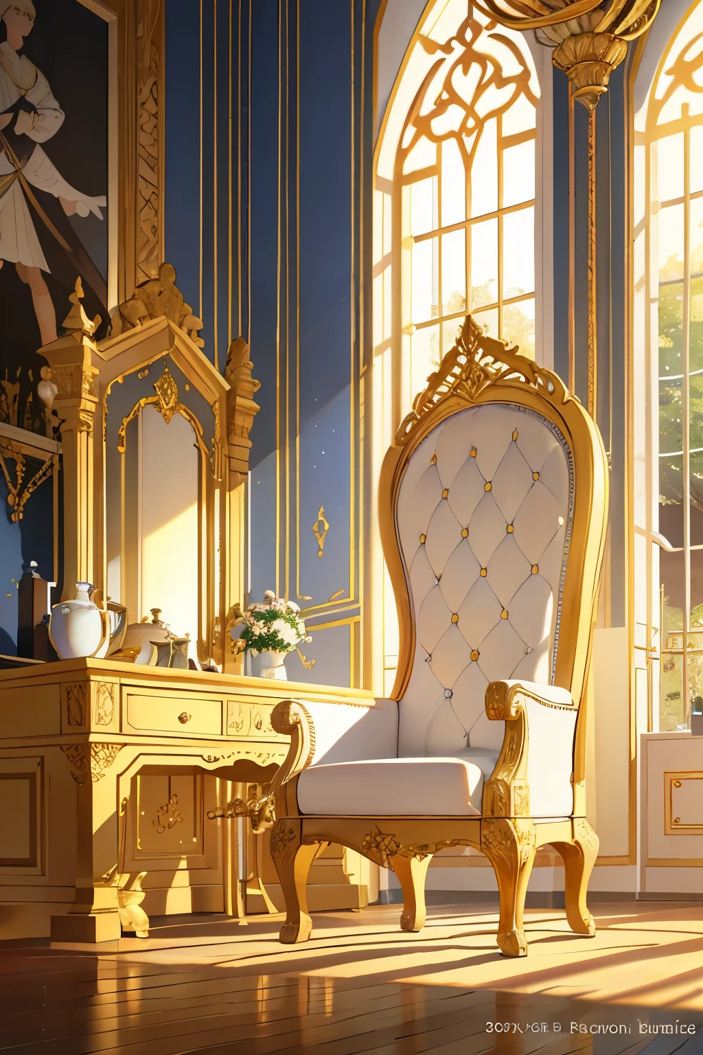 A pristine white royal chair, vacant and untouched, adorned with intricate carvings and golden details. The sunlight filters in through the large, arched windows, casting a warm, golden hue on the seat. The chair stands majestically in the middle of a grand hall, surrounded by an air of regality and sophistication. Ultra-detailed, Realistic, 8K, HDR, UHD, studio lighting, physically-based rendering, extreme detail description, professional, vivid colors. The royal chair exudes elegance and power, waiting for its rightful owner to claim their throne.