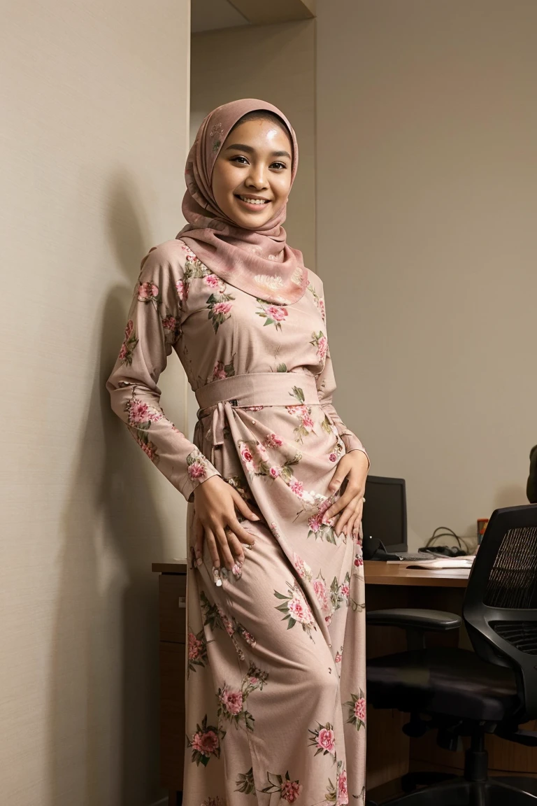 Nude 24 year old teenage malay woman with hijab,wearing floral baju kurung,office background,smiling,arousal expression,a group of men watching,ready to fuck,showing butt