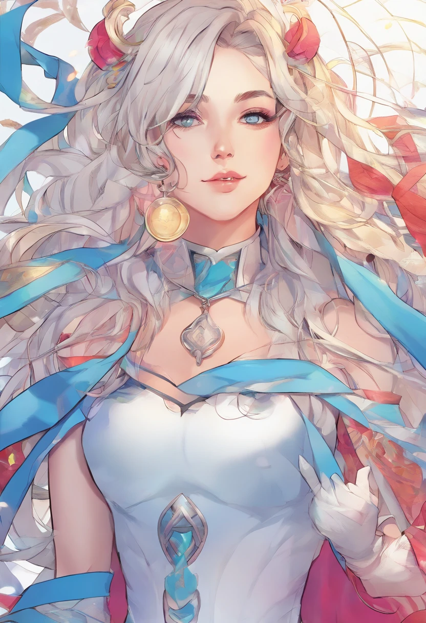 (masterpiece,best quality), , facing front, , {middle view}, , {long hair}, (ponytail),, {upper body}, , {white hair}, , {fantasy},, (mature woman), , {28 years old} ,, {anime woman}, , {bright blue eyes},, {smile}, , {ribbons in hair}