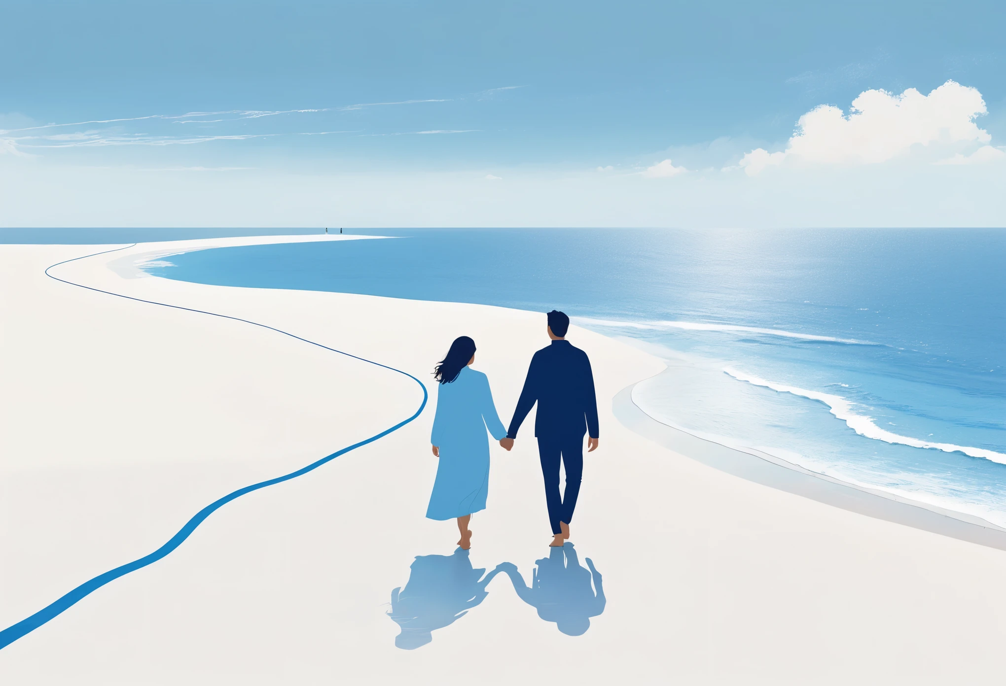 a Minimalist journey, a couple,hand in hand, The background is a blue line of coast and a distant white line of ocean