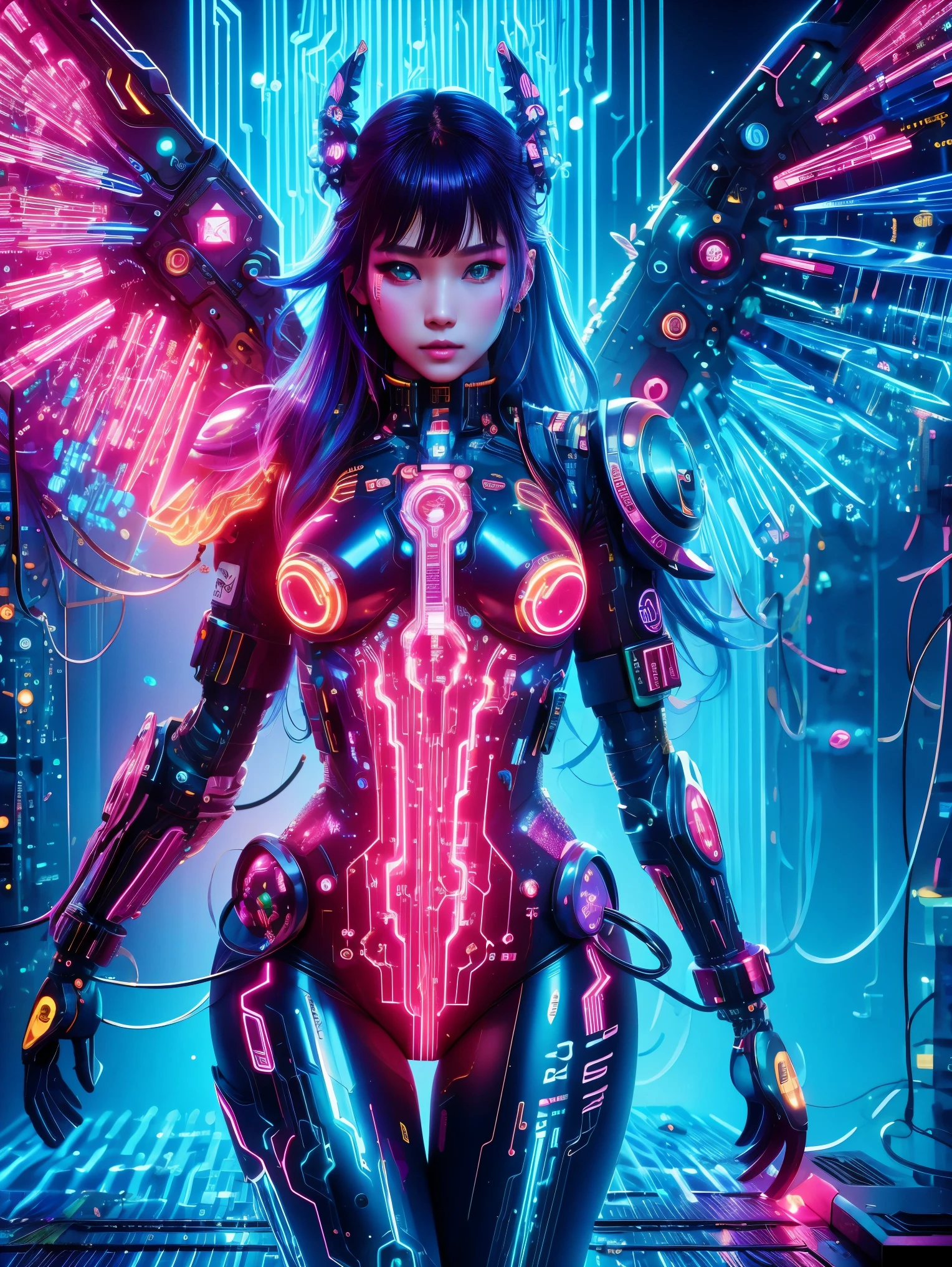 (Neon)，Circuit Board，(1girl:1.3)，Cyberpunk succubus warrior in neon mecha armor，Holding a staff in a pool of blood，Luminescence的光眼，Devil&#39;s Wings，Wide-angle lens，biology，weird，Creepy，nightmarish，非常明亮的Neon颜色，Light Particles，Luminescence，Best Photo of the Year Winner，the world on fire，Post-apocalyptic hellscape，Military photography，Epic Photo of the Yeare on the horizon，Epic movie shots，Pure form，(Ultra HD, masterpiece, precise, Anatomically correct, textured skin, High Detail, high quality, The award-winning, 8k)