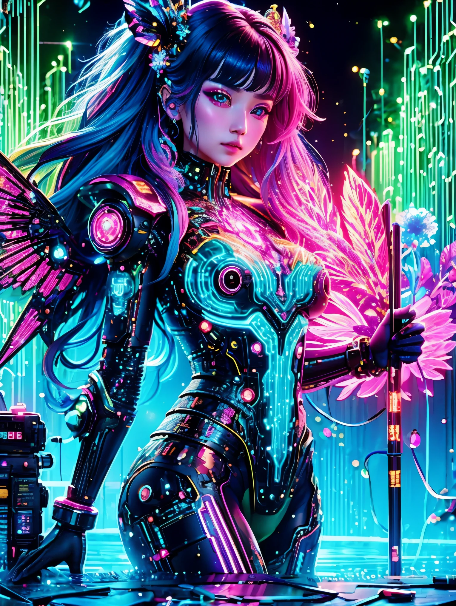 (Neon),Circuit Board,(1girl:1.3),Cyberpunk succubus warrior in neon mecha armor,Holding a staff in a pool of blood,Luminescence的光眼,Devil's Wings,Wide-angle lens,biology,weird,Creepy,nightmarish,非常明亮的Neon颜色,Light Particles,Luminescence,Best Photo of the Year Winner,the world on fire,Post-apocalyptic hellscape,Military photography,Epic Photo of the Yeare on the horizon,Epic movie shots,Pure form,(Ultra HD, masterpiece, precise, Anatomically correct, textured skin, High Detail, high quality, The award-winning, 8k)
