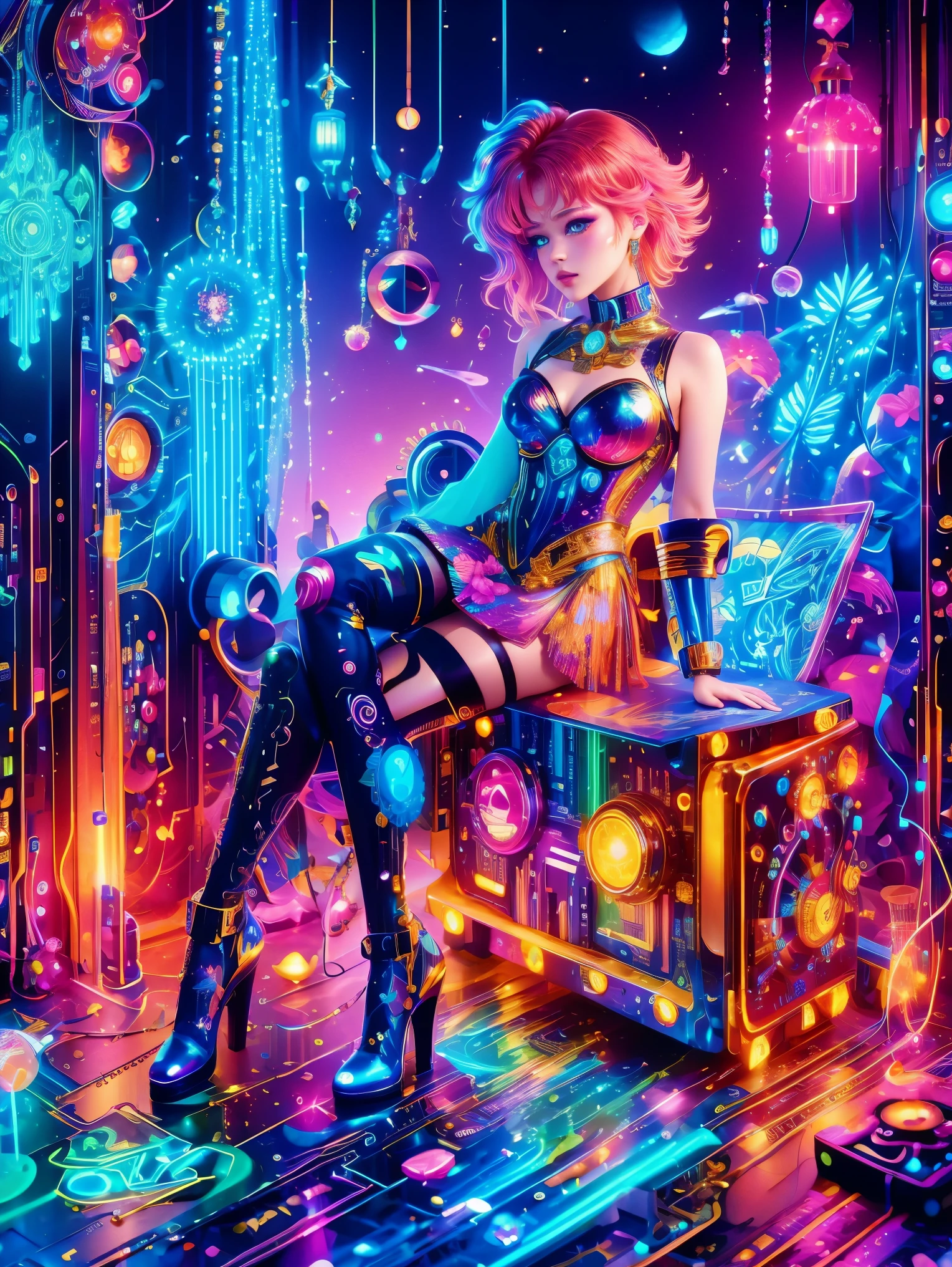 (Neon)，Circuit Board，(1girl:1.3)，(Beautiful Girl:1.2)，(Sailor Moon Fighting)，(Short red messy hair)，kaleidoscope，(Cyberpunk)，Steampunk，Dieselpunk and clockpunk，kaleidoscope采用热粉色，(Made of shiny gold plated and shiny silver plated)，Broken sparkling colored gemstones，Mixed Art，Mixed Art，Fractal Art，Zentangle Art，Design Art，Wonderful and mysterious，Fantasy World Pictures，A diverse visual style that incorporates a variety of artistic elements，Includes glittery rainbow pastels and bright colors，Best quality，very good，8k，absurd，Extremely detailed