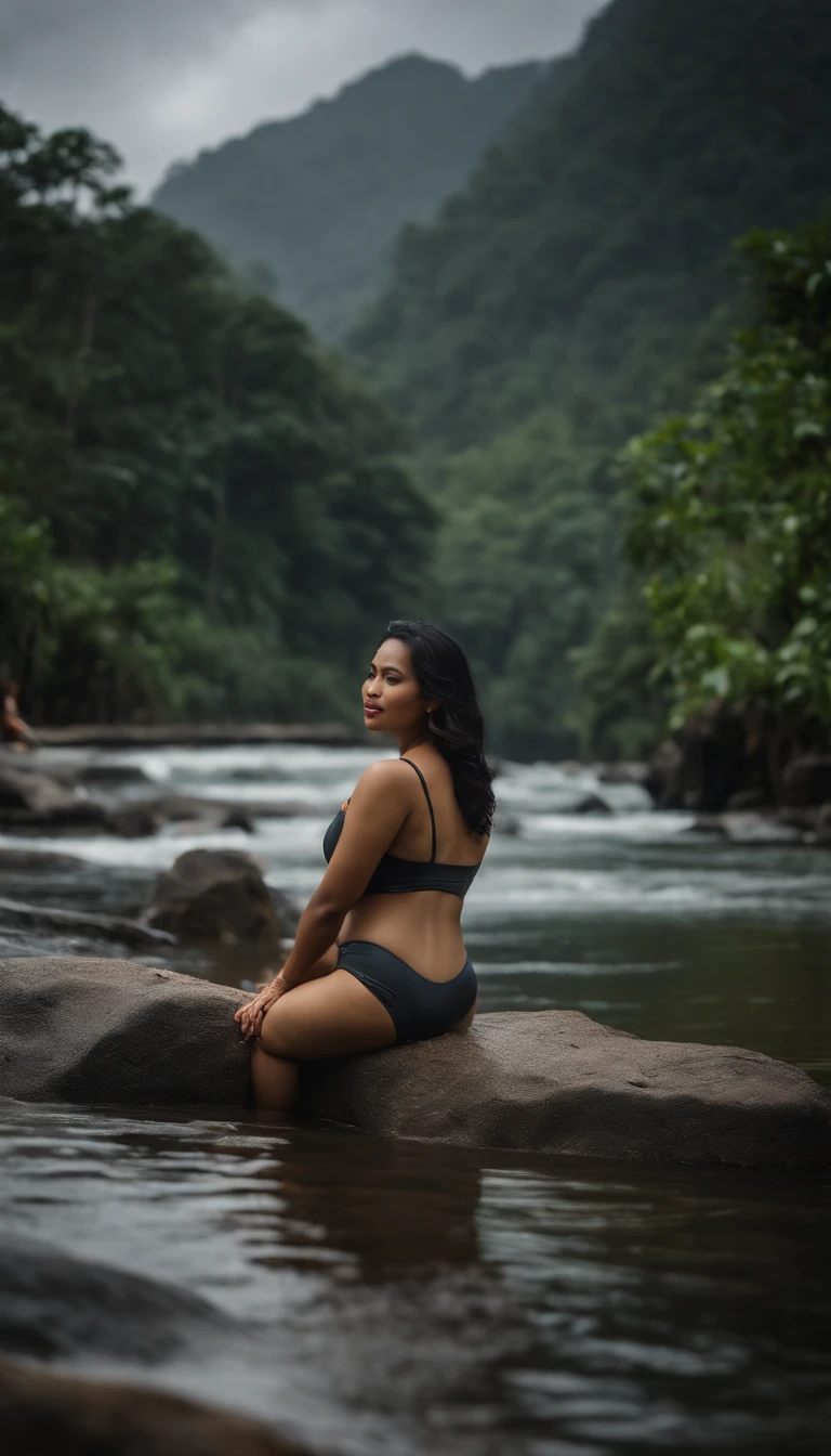 an Indonesian woman, wearing a soaking wet swim suit, is sitting by the riverphotograph, to shot, with shot, casual/professional photo, 4k, 8k Ultra, Epic, detailed and complicated, smooth, FHD with clear image quality auto focus