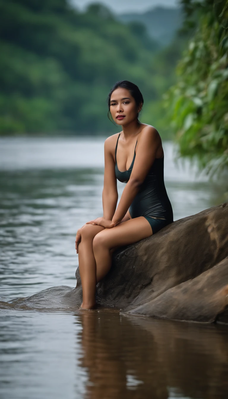 an Indonesian woman, wearing a soaking wet swim suit, is sitting by the riverphotograph, to shot, with shot, casual/professional photo, 4k, 8k Ultra, Epic, detailed and complicated, smooth, FHD with clear image quality auto focus