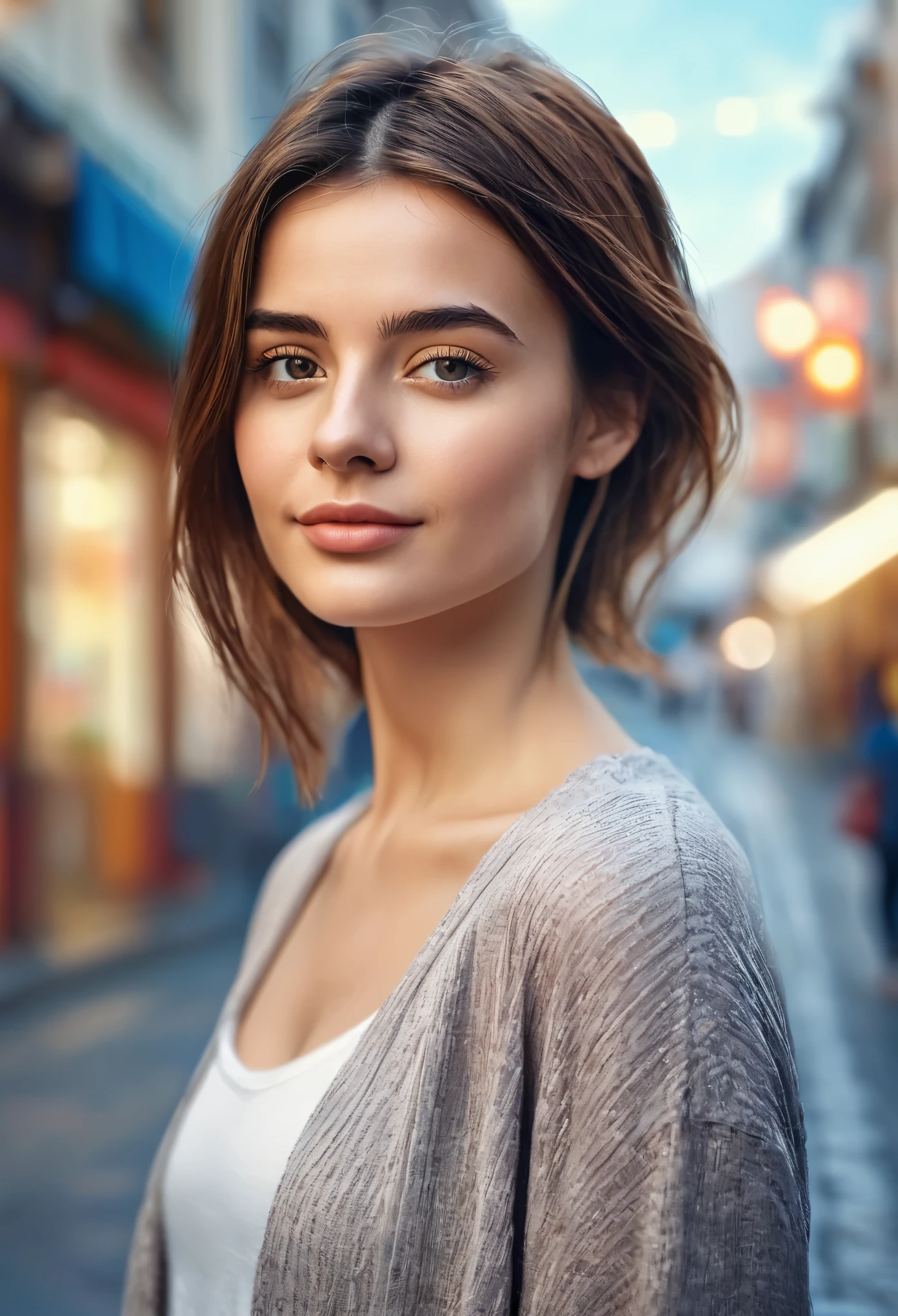 A young woman standing on the street, blur background, beatiful, photorealistic
