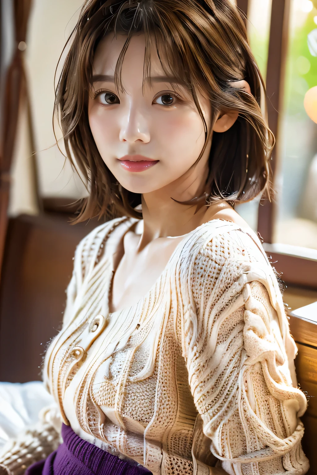 highest quality, Photorealistic, Very detailed, finely, High resolution, 8K Wallpaper, Professional, High level of detail, ((One 18 year old girl:1.2)), Slender Japanese women,cute lips, (Long eyelashes:1.2)、Detailed clavicle, Mid-chest、Perfect Face, (Cute short bob hair:1.5), Chestnut Hair、Cute face、(Lying on the bed:1.2)、wearing knit sweater & miniskirt, (Flirtingly lifting her skirt to show her panties:1.3)