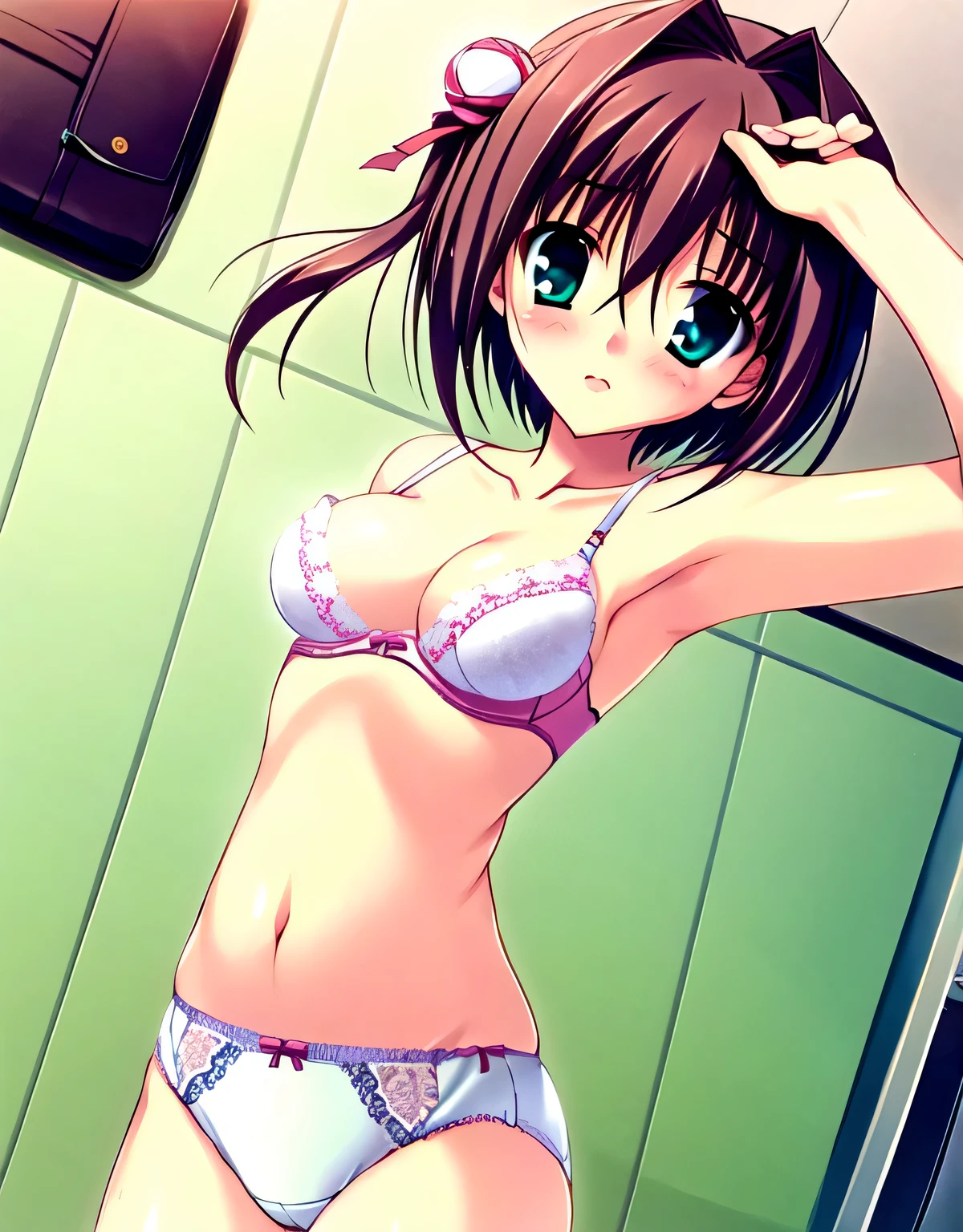 asakura_yume,１people々 woman,Brown Hair,Medium Chest,Aqua Eye,White skin,blush,nsfw,(((Pink Lace Underwear))),(((No bra))),Nipples,((Exposing the breasts)),((Shyly)),reluctantly,((sorrow)),Lace Underwear,Pink lace bra,Are standing,Take a selfie,locker room,(Anatomically correct), (Complete limbs),(Full Finger),(Accurate fingertips), (Fine details),(8k),very_expensive_solve, big_file size, Full Color,