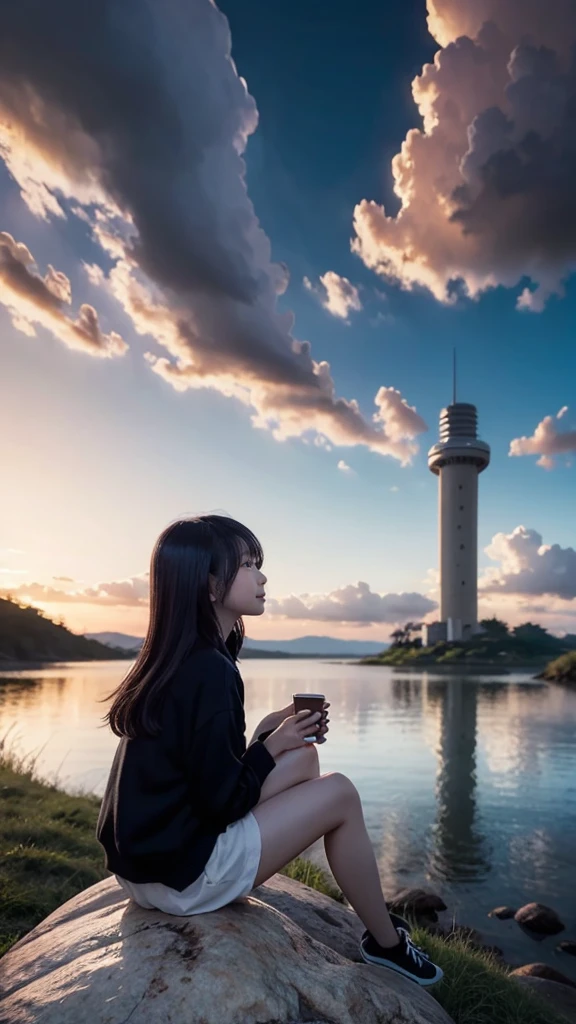Anime girl sitting on a rock looking at the sky,A tower piercing the sky in the distance, makoto shinkai cyril rolando, anime art wallpaper 4k, anime art wallpaper 4k, Cyril Rolland and Goro Fujita, anime art wallpaper 8k, 4k anime wallpaper, anime wallpaper 4k, anime wallpaper 4k, ( ( makoto shinkai ) ), makoto shinkai!