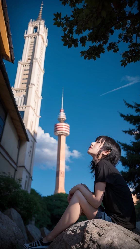 Anime girl sitting on a rock looking at the sky,A tower piercing the sky in the distance, makoto shinkai cyril rolando, anime art wallpaper 4k, anime art wallpaper 4k, Cyril Rolland and Goro Fujita, anime art wallpaper 8k, 4k anime wallpaper, anime wallpaper 4k, anime wallpaper 4k, ( ( makoto shinkai ) ), makoto shinkai!