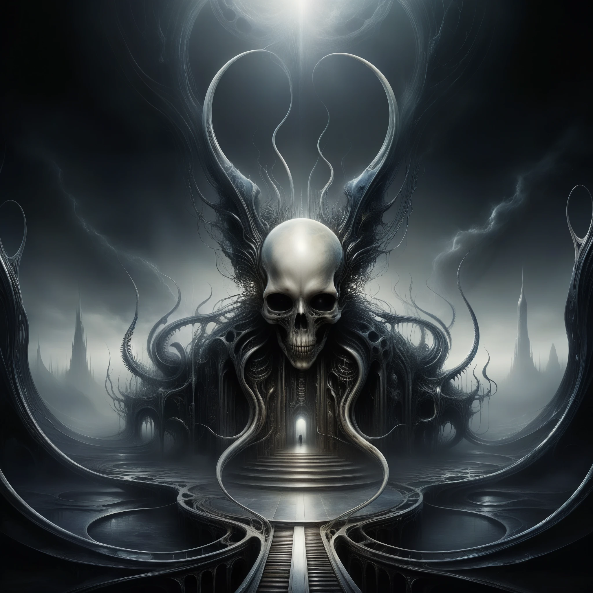 Traverse a haunting landscape where AI-generated music resonates from within organic, otherworldly structures inspired by H.R. Giger's macabre artwork. (Dark Surrealism)