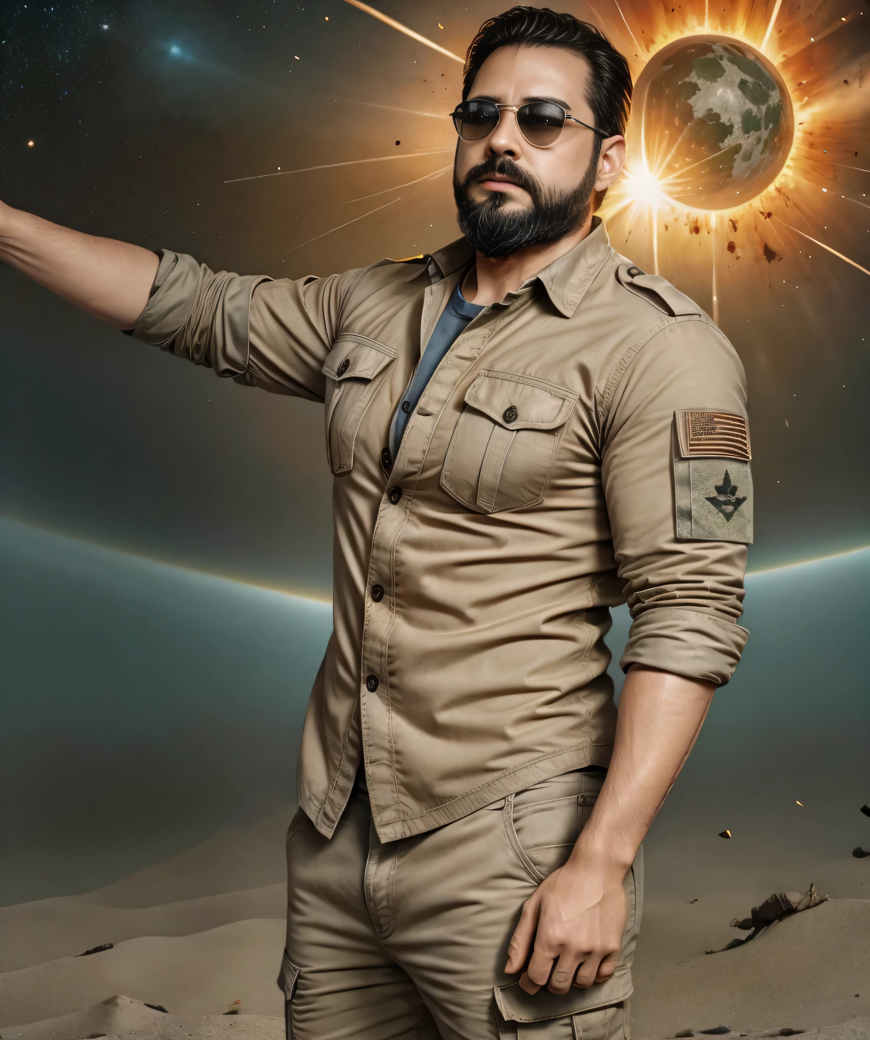 Obra maestra, desenfoque de campo, Parte superior del cuerpo, Hands in pants pockets, 38 year old chubby man with beard and square sunglasses.. Man in a military shirt in a space movie with a solar explosion in the background.