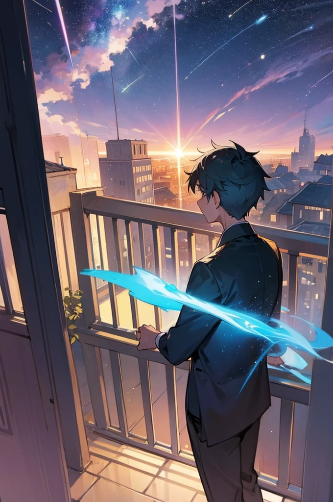 Man looking at a shooting star from his balcony