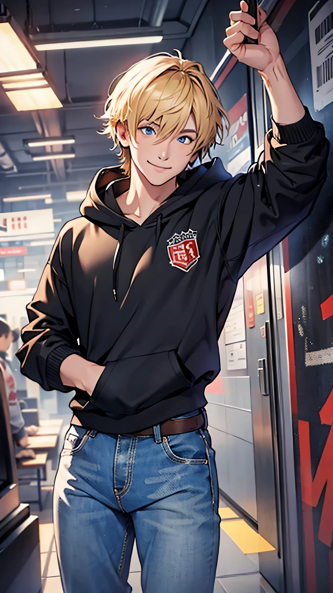 最high quality、Best image quality、masterpiece、male((20-year-old、Blonde、Shortcuts,Black hoodie、Blue denim trouseressy Hair、Muscle chamber、smile、earphone jack、dance)),high quality、Beautiful art、background((Disco、Dance Party、Night Party))、Flight、Flying debris、Written boundary depth、movie、Visual Arts、Perfect art、8K,Genuine、