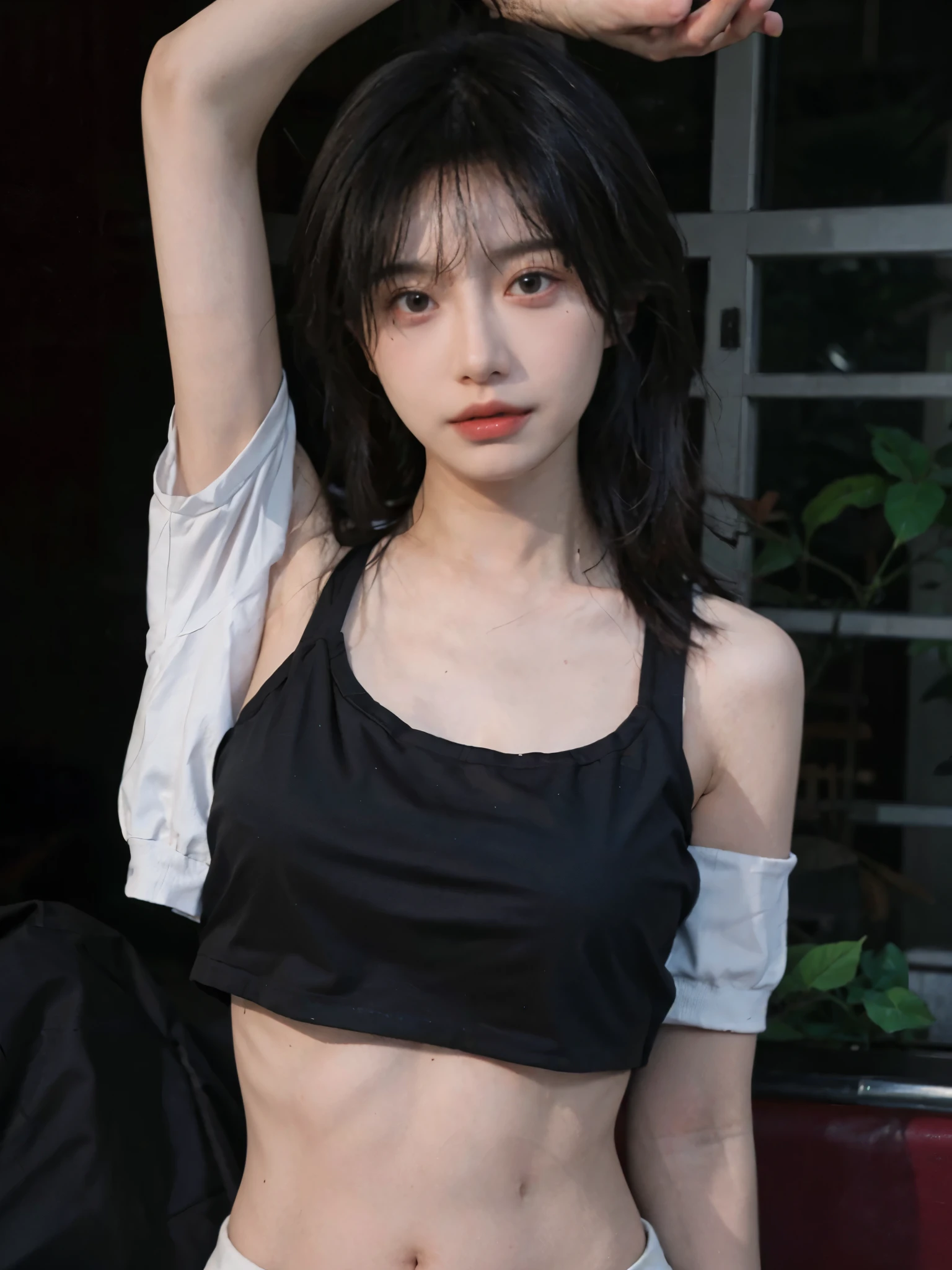 Best Quality, Masterpiece, Ultra High Resolution, (Realistic: 1.4), 1 Girl, Sexy, (Crop Top : 1.2), (Big: 1.3), (Upper Body: 1.4)